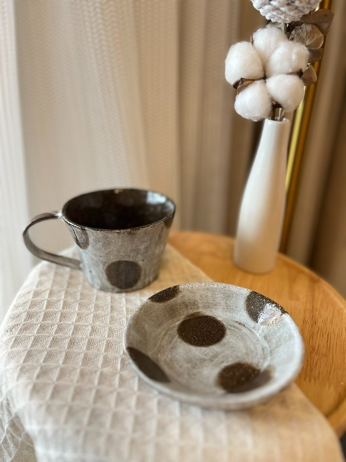 Handmade Black Clay Mug with Speckled Saucer
