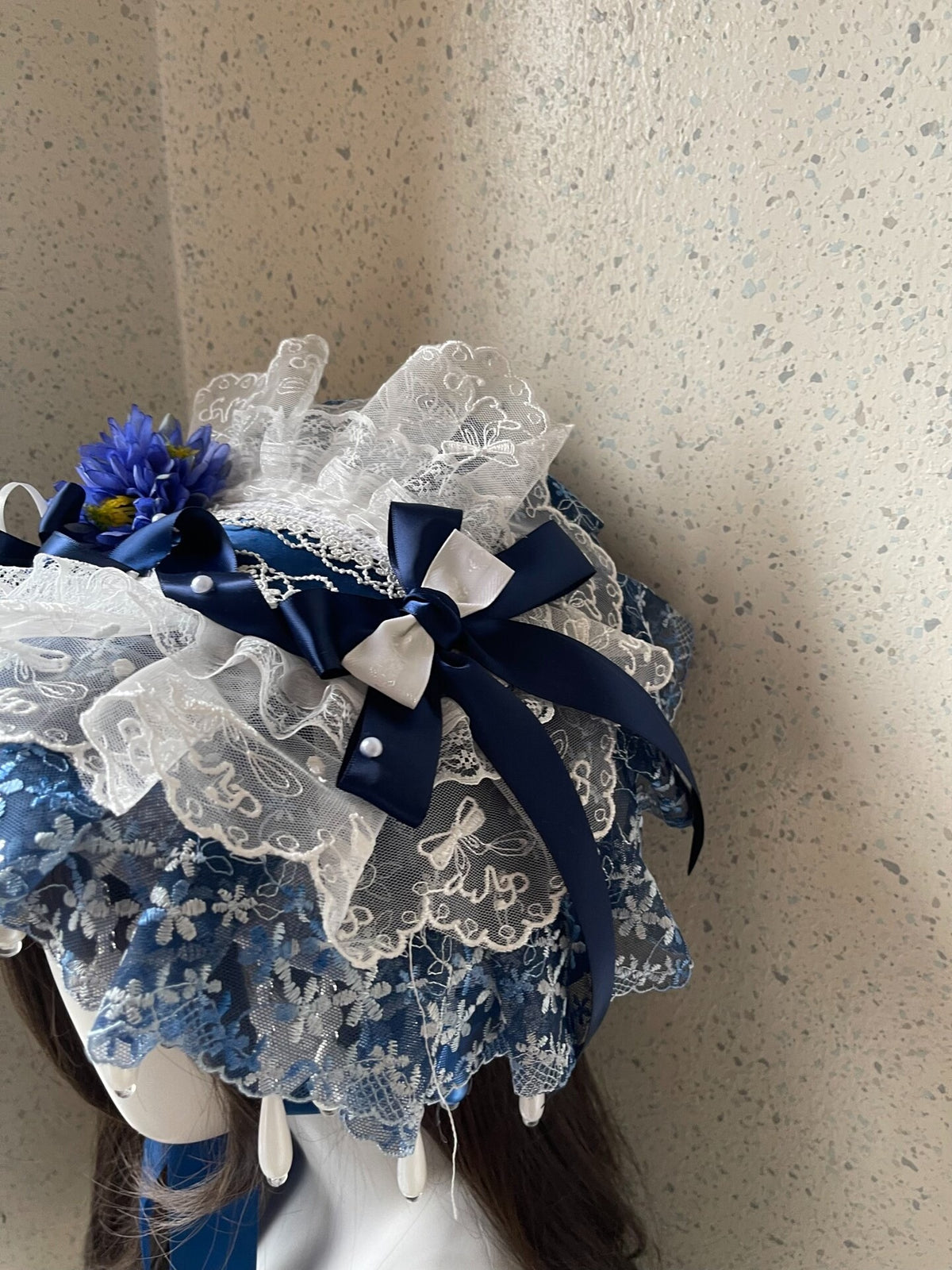 Lolita Blue White Lace Bonnet Handmade