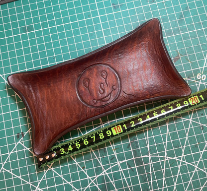 Hand-Carved Full-Grain Leather Pillow Tray with Embossed Center Motif