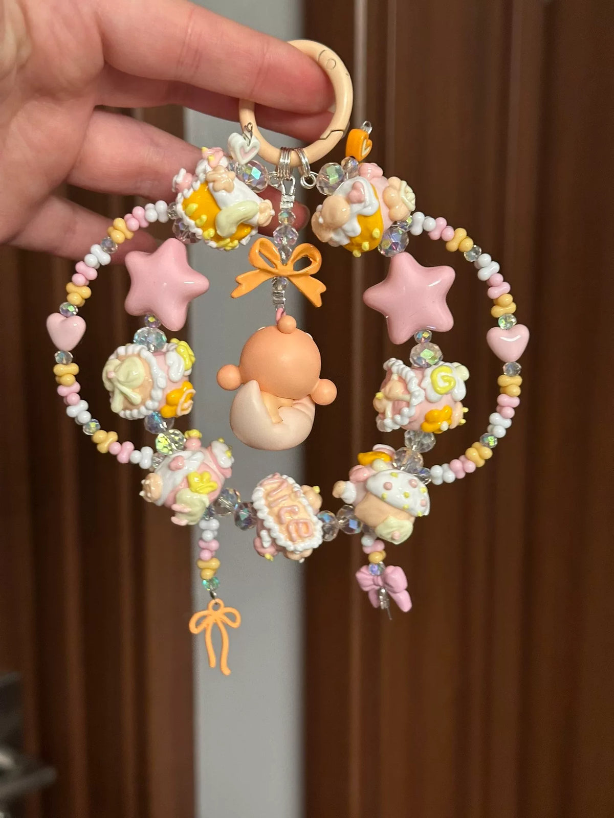 Pastel Beaded Circular Character Keychain Charm