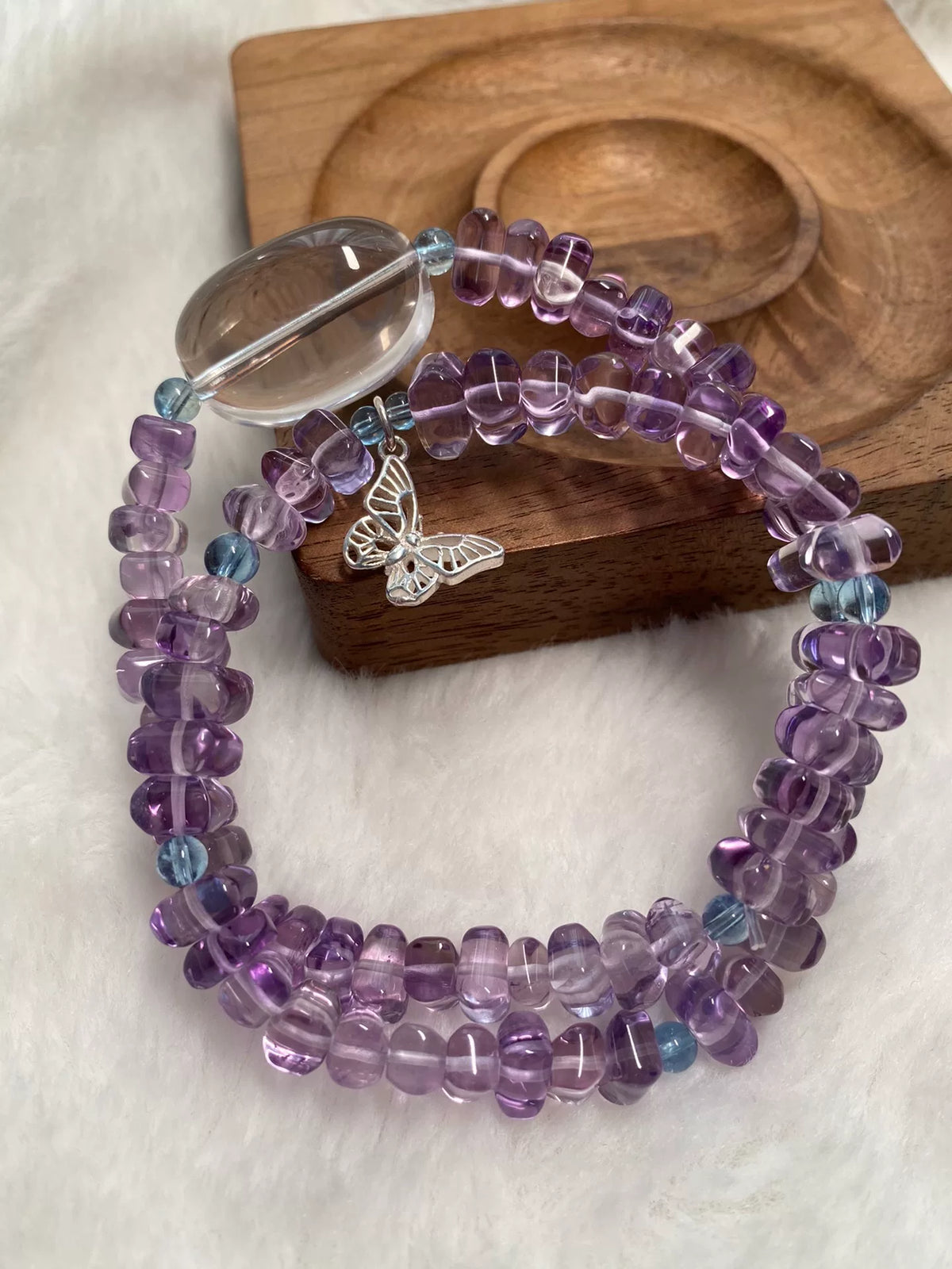Pulsera de amatista de doble vuelta con cuarzo transparente