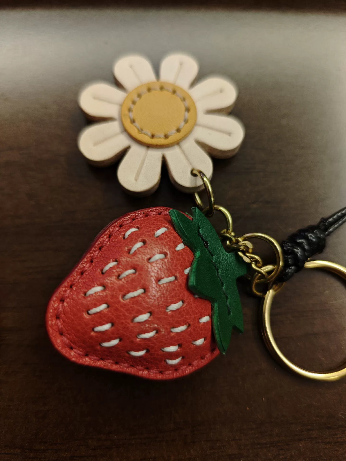 Handmade Strawberry Daisy Leather Bag Charm Keyring