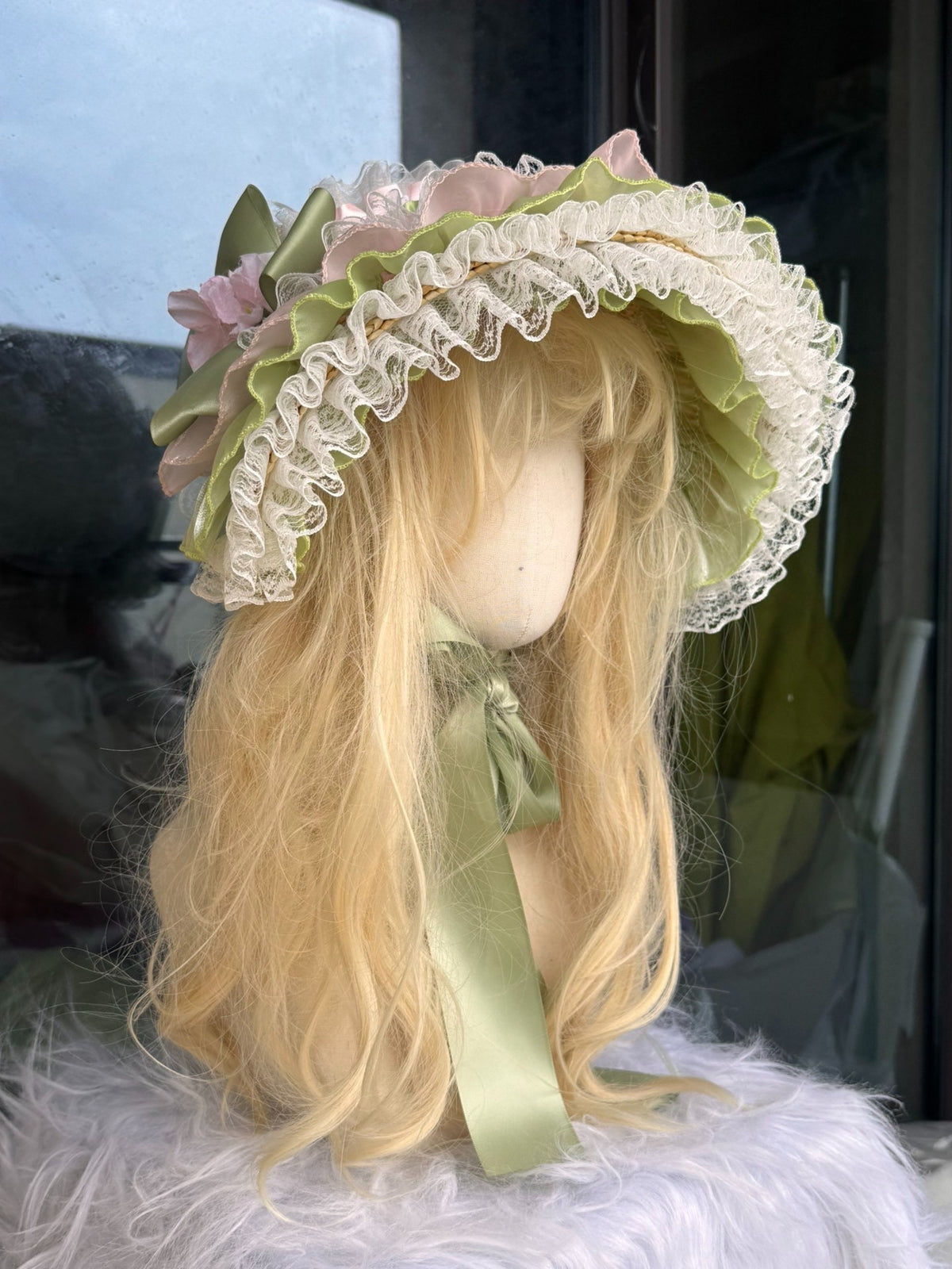 Lolita Straw Bonnet Hat with Lace Trim
