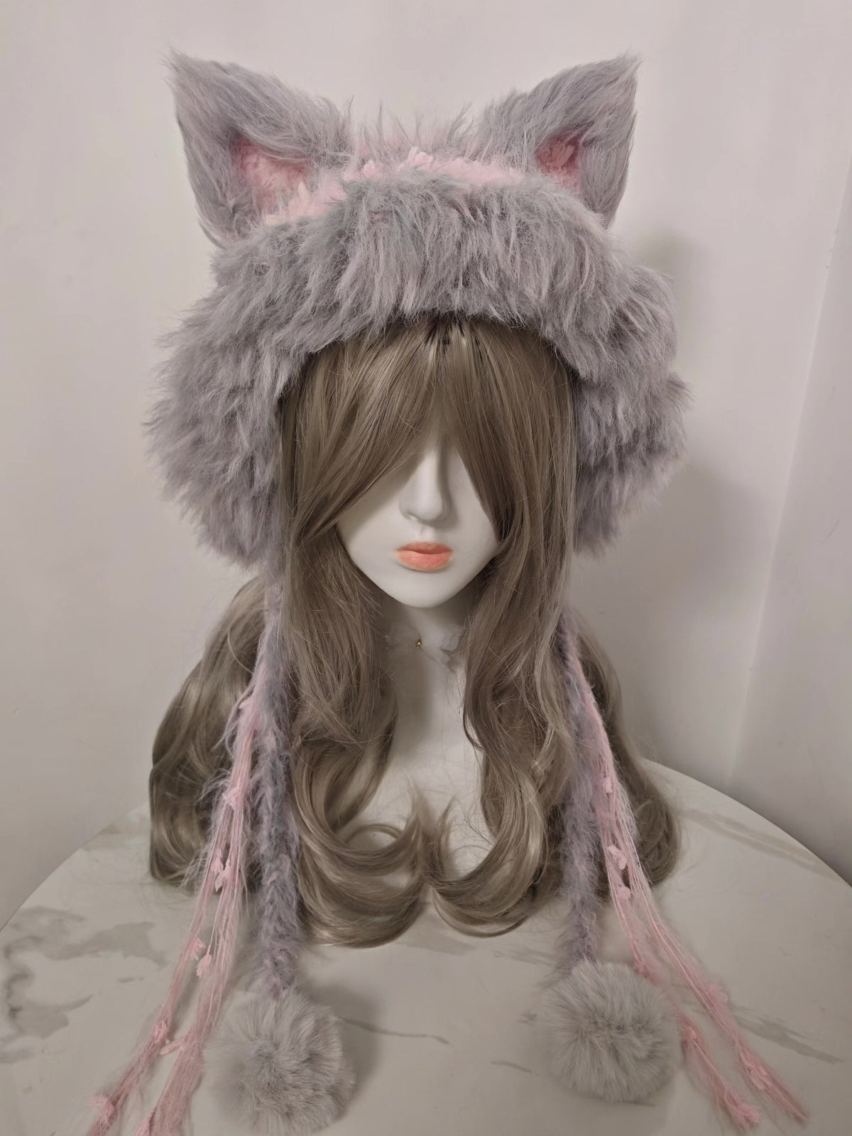 Gray Pink Fox Hat with Faux Fur