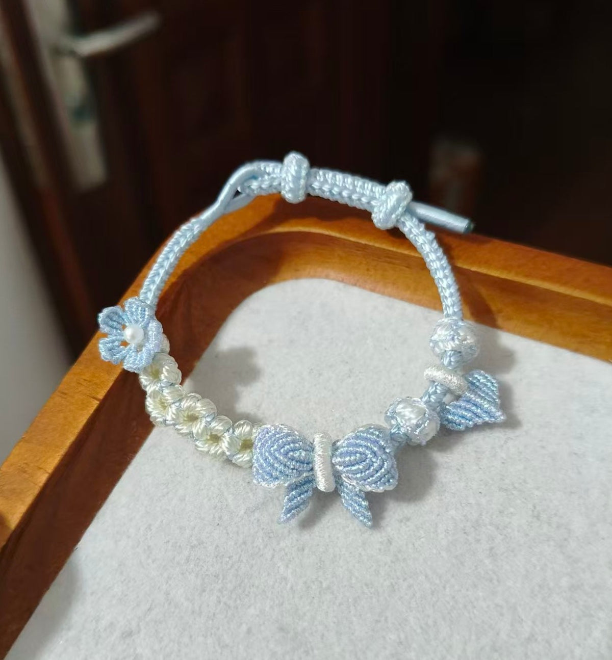 Handmade Light Blue Bow Flower Bracelet
