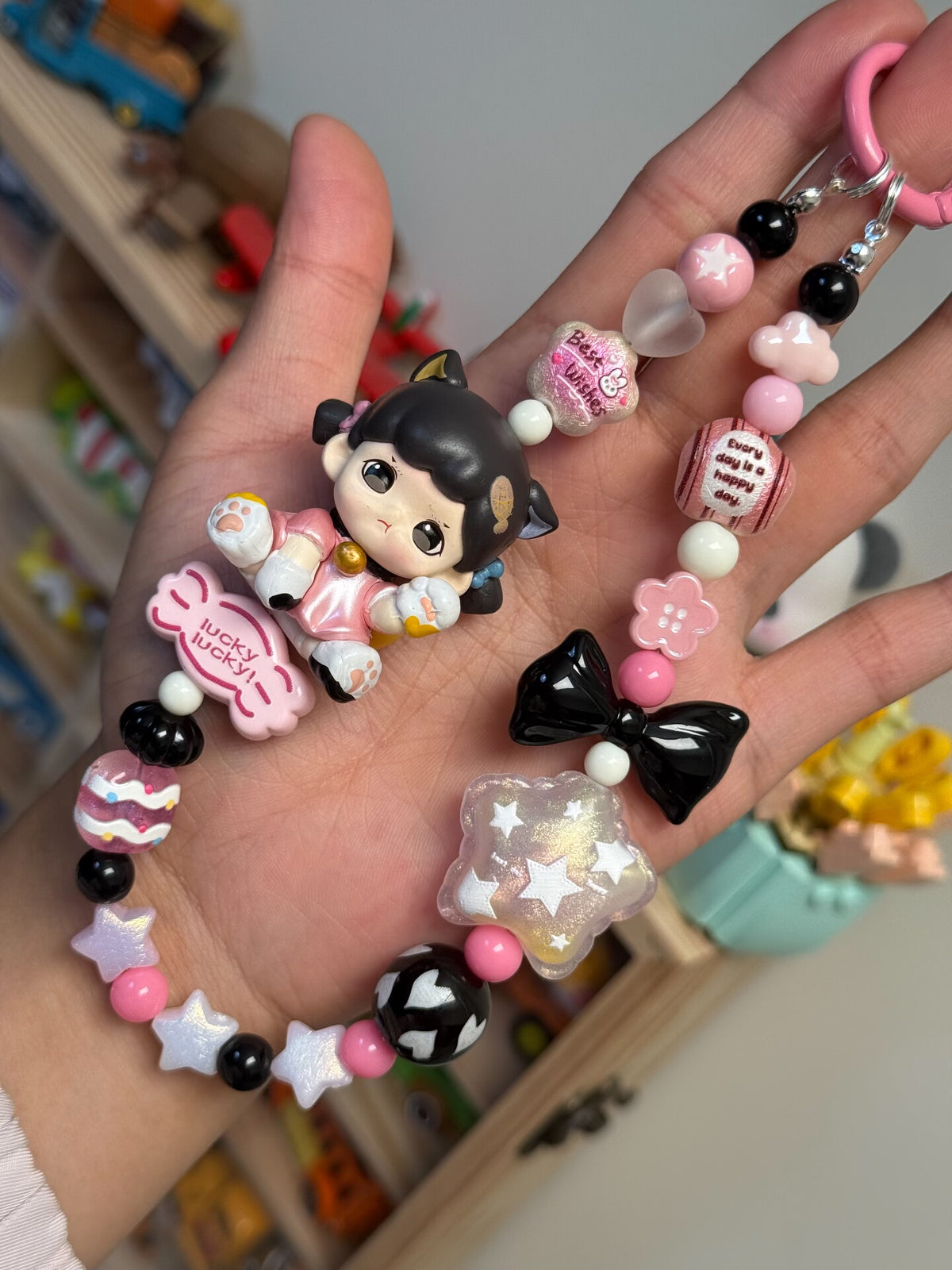 Pink Beaded Charms Phone Strap Bag Keychain