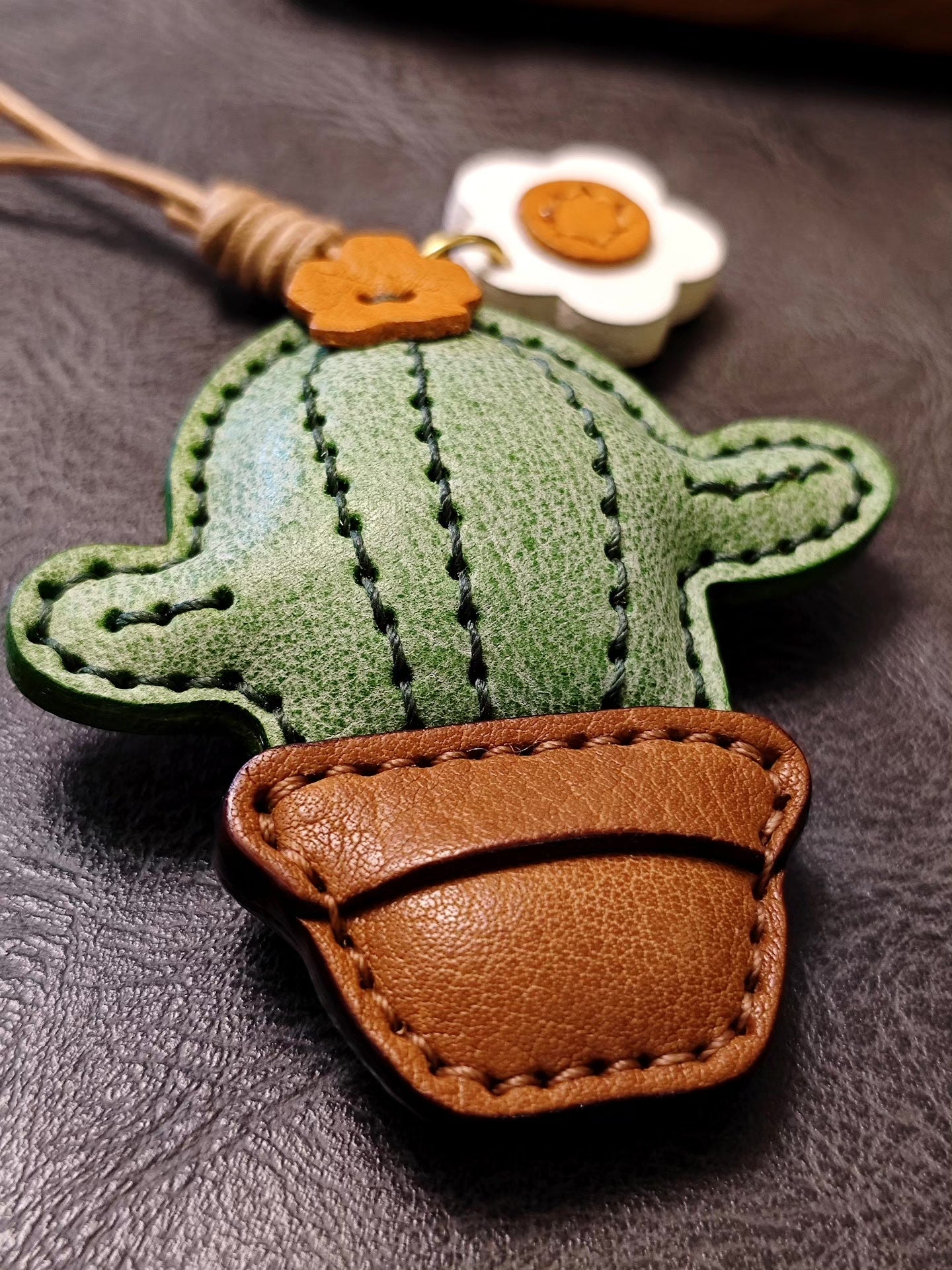 Handcrafted Cactus Leather Keychain with Flower Charms
