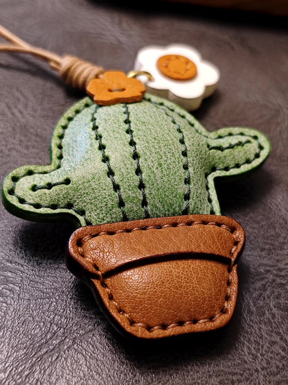 Handcrafted Cactus Leather Keychain with Flower Charms