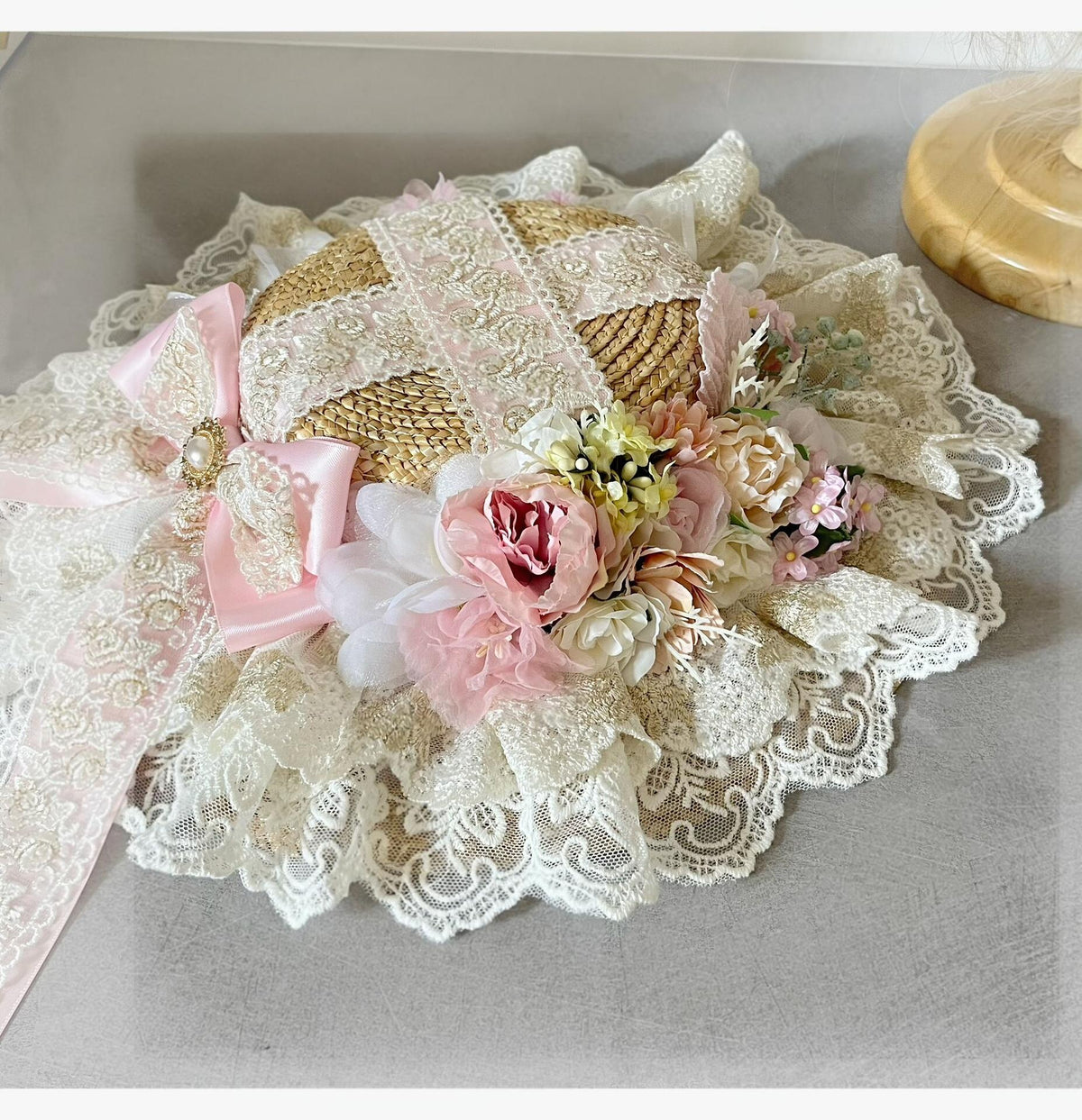 Lolita Straw Bonnet Pink Floral Lace Hat
