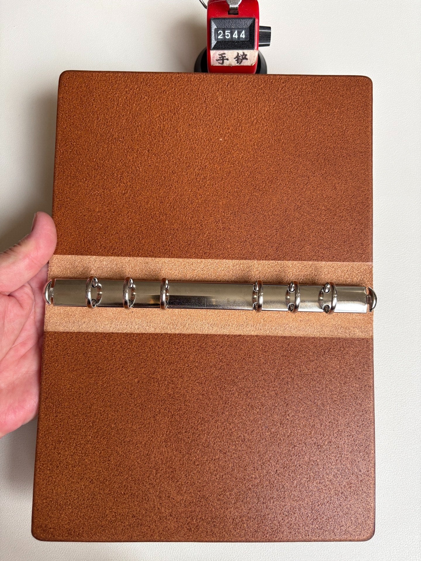 Light Brown Leather Ring-Bound Notebook Cover with Metal Backplate