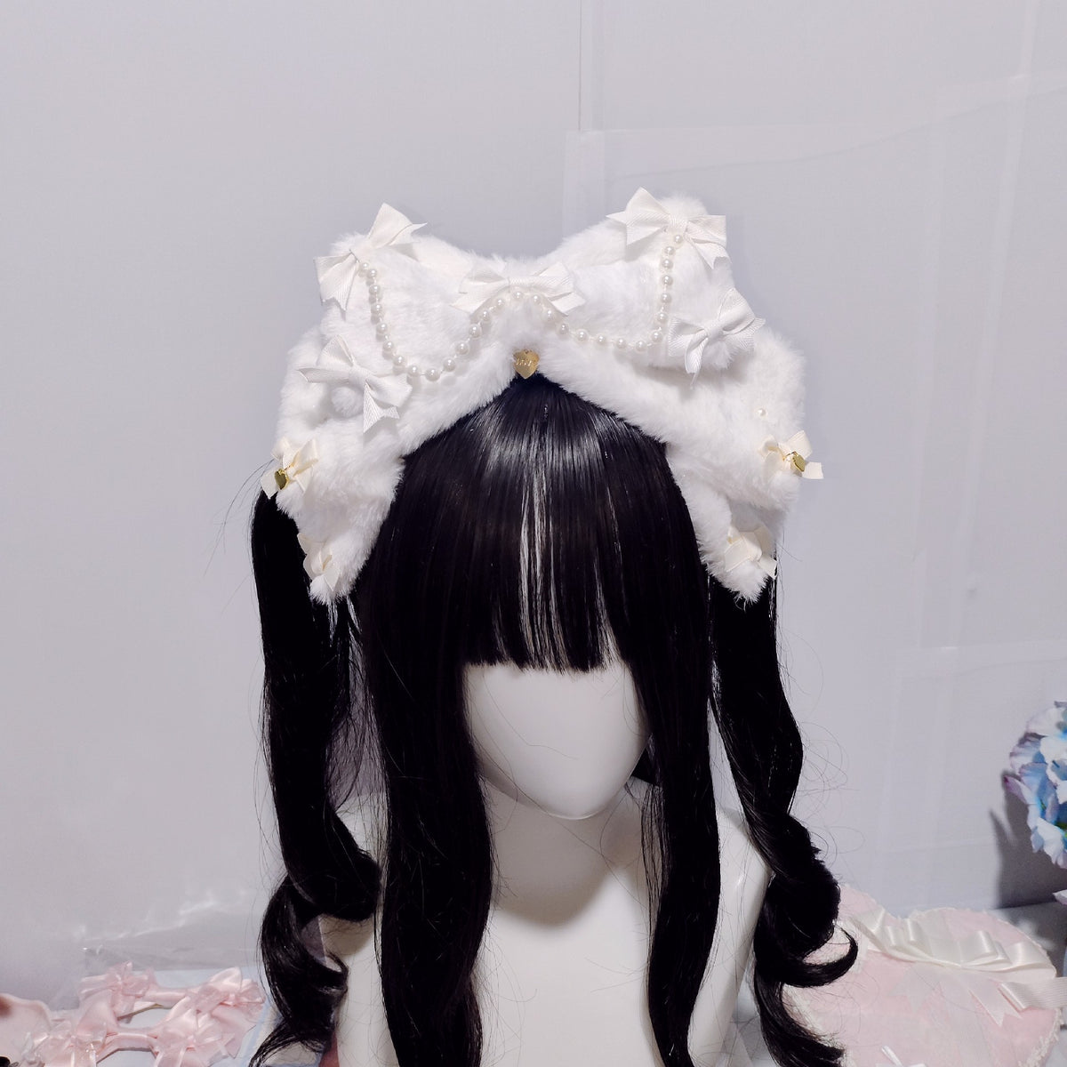 Plush Bow Lolita Headband with Pearl Decor
