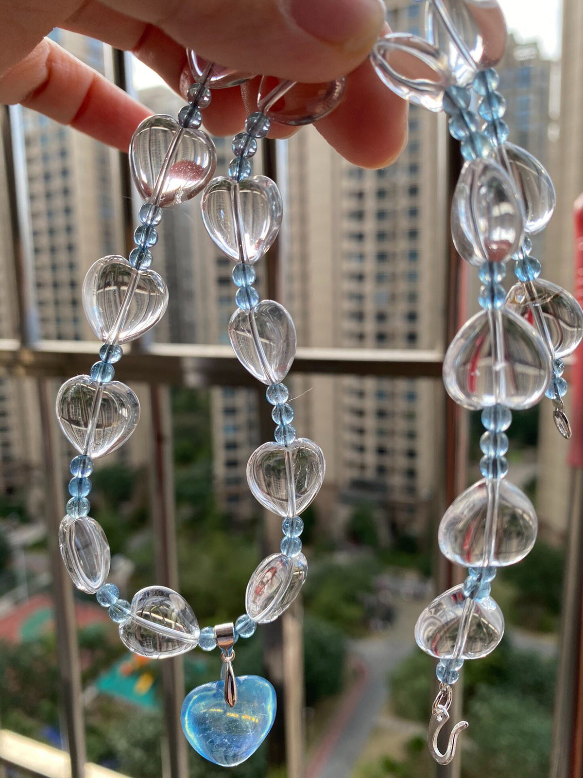 Clear Quartz Aquamarine Heart Beaded Necklace