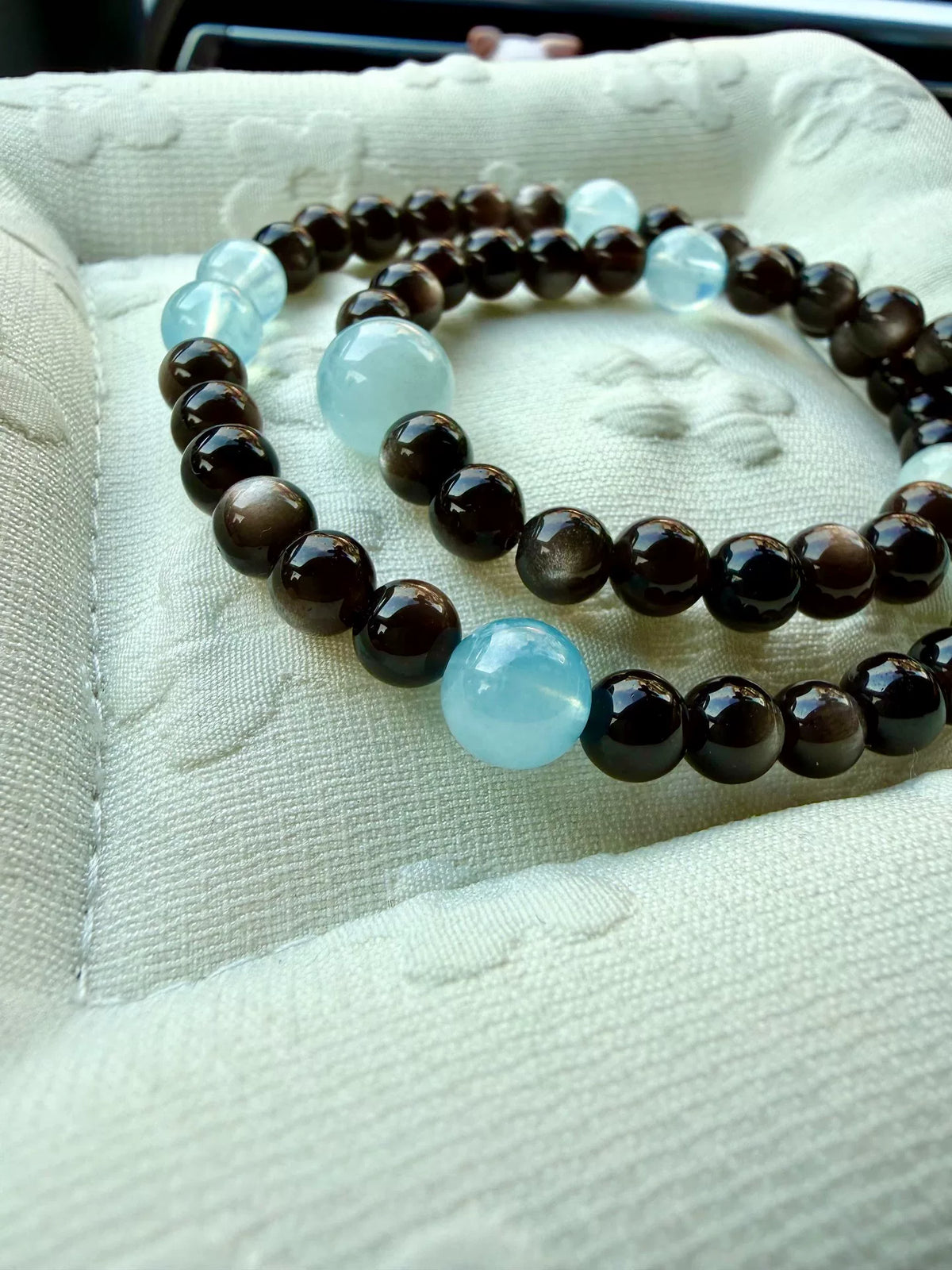 Obsidian Aquamarine Double Wrap Beaded Bracelet