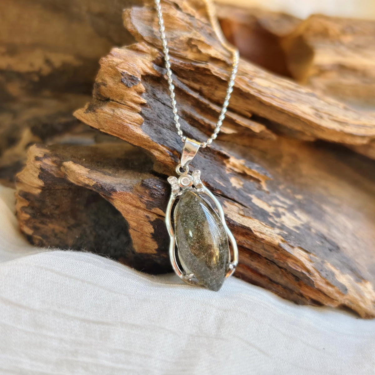 Deep Green Phantom Quartz Silver Pendant Necklace