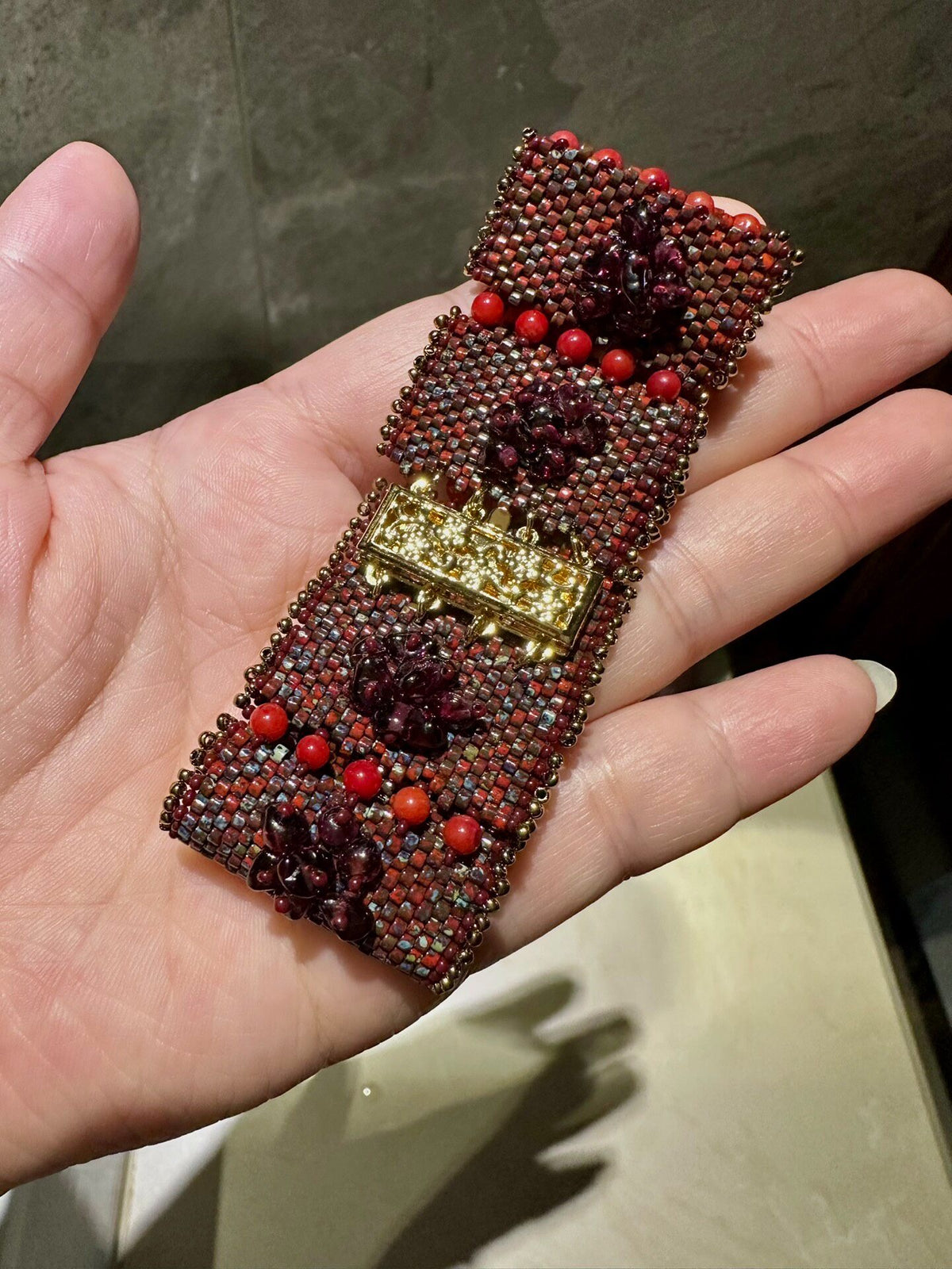 Handcrafted Garnet Seed Bead Bracelet