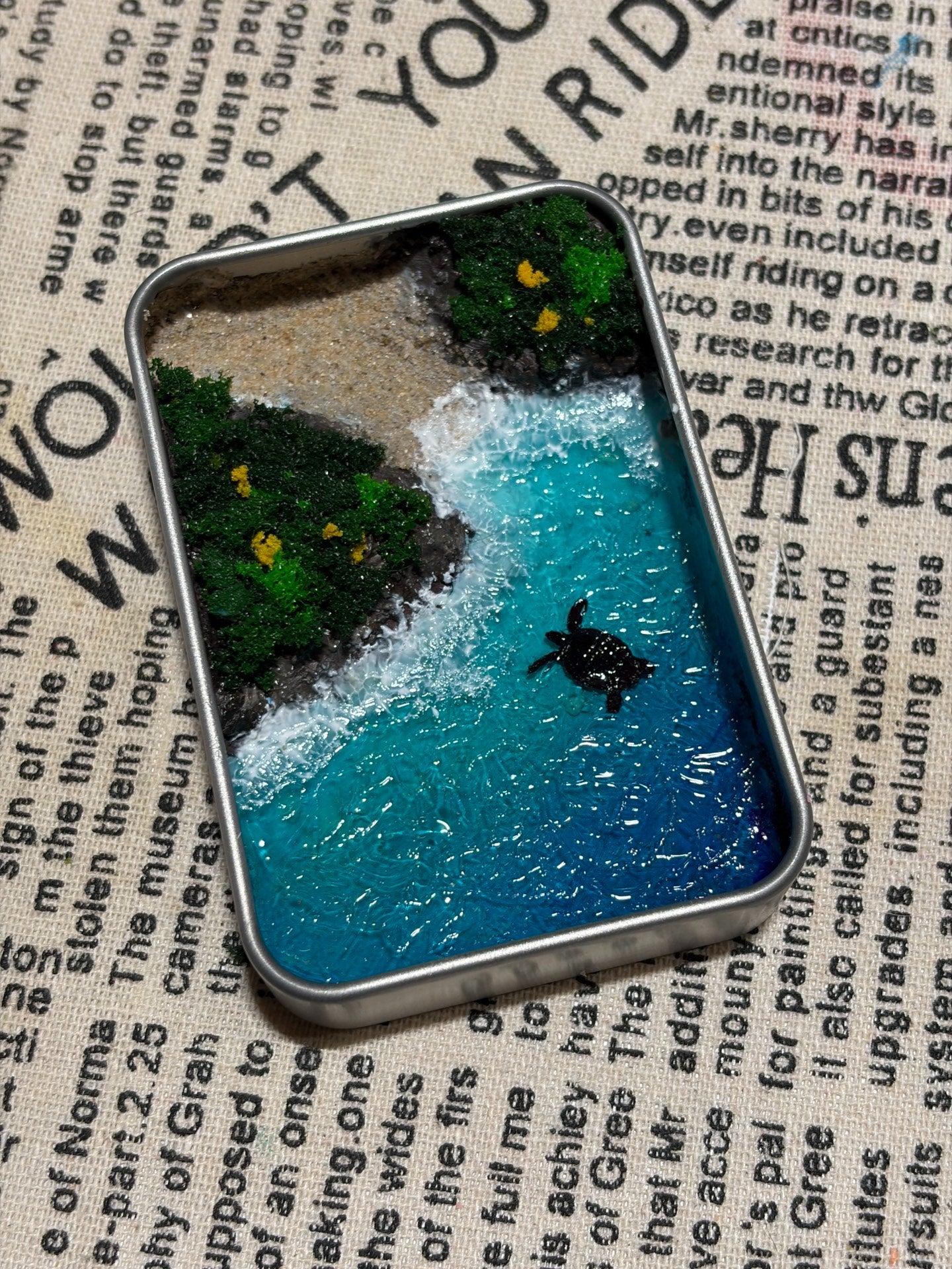 Miniature Coastal Diorama with Turtle in Metal Box