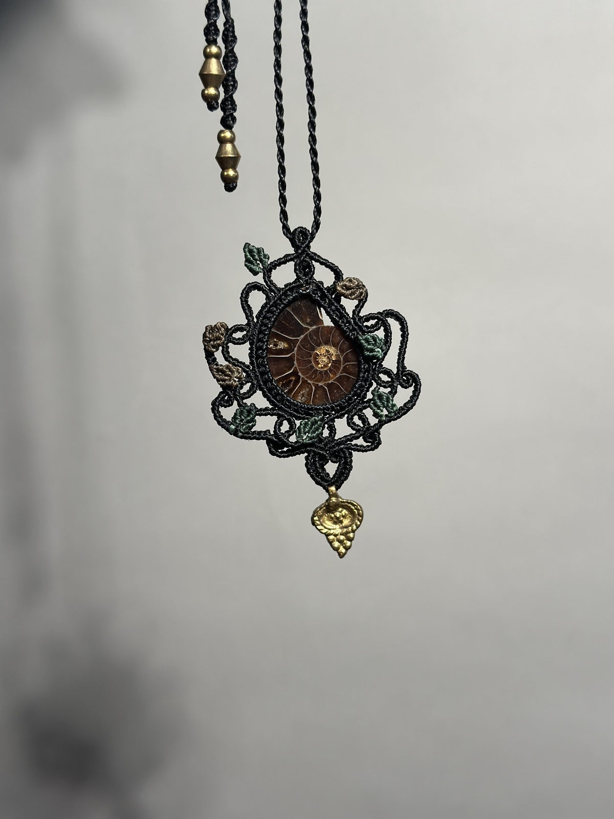 Handwoven Black Cord Ammonite Fossil Necklace