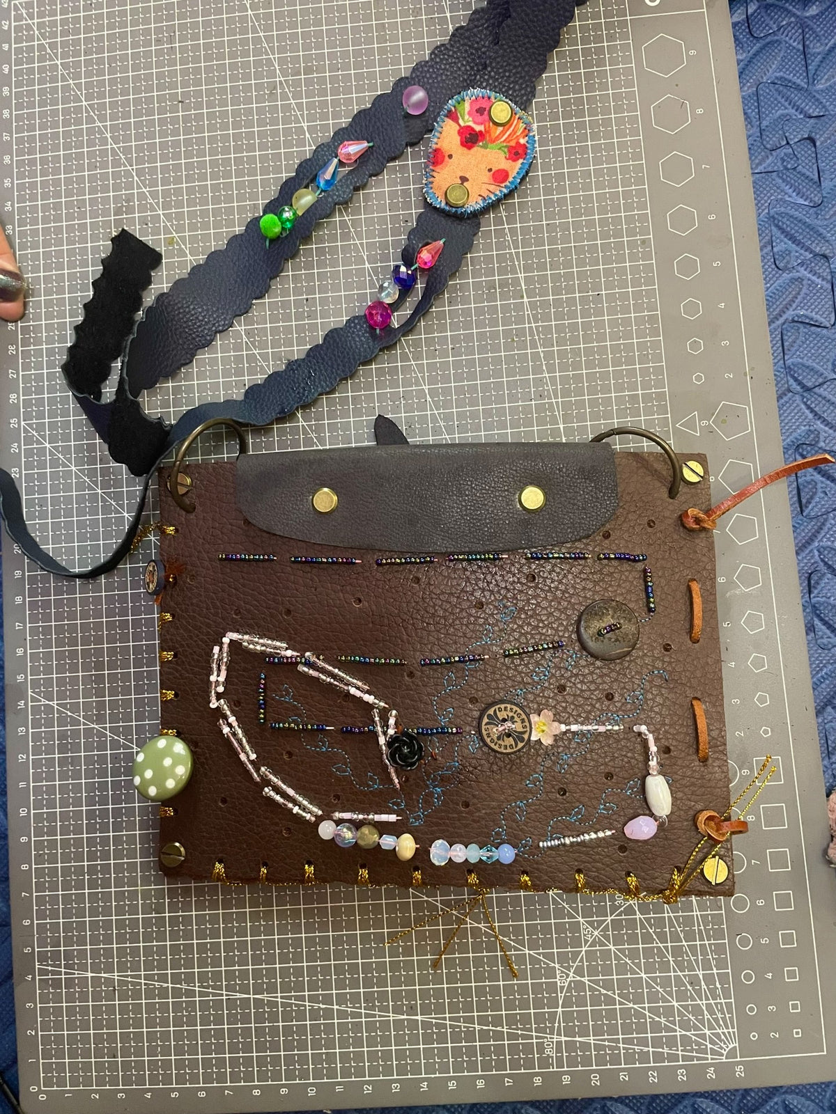 Crazy Horse Leather Crossbody Bag with Beadwork