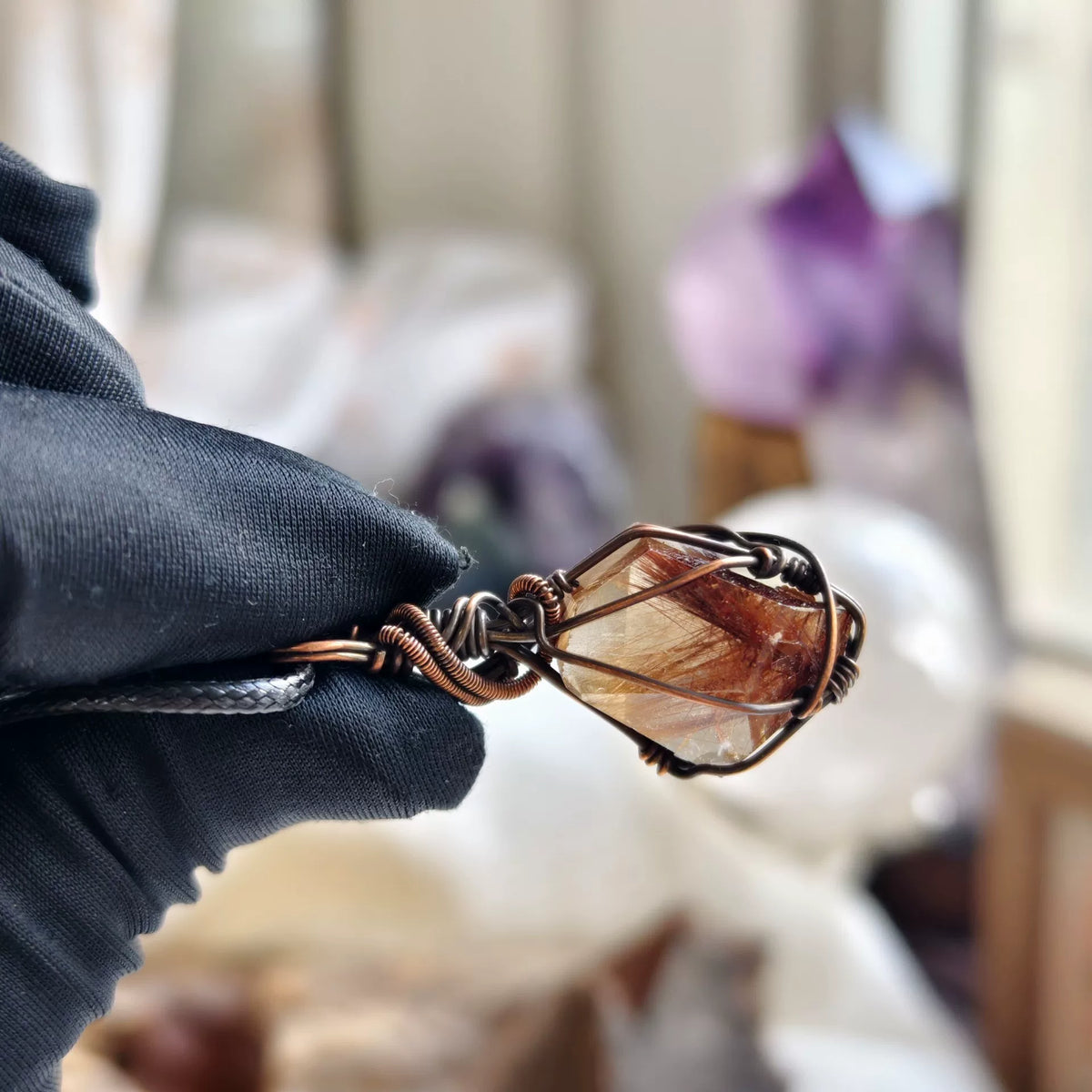 Rutilated Quartz Copper Wire Pendant Necklace