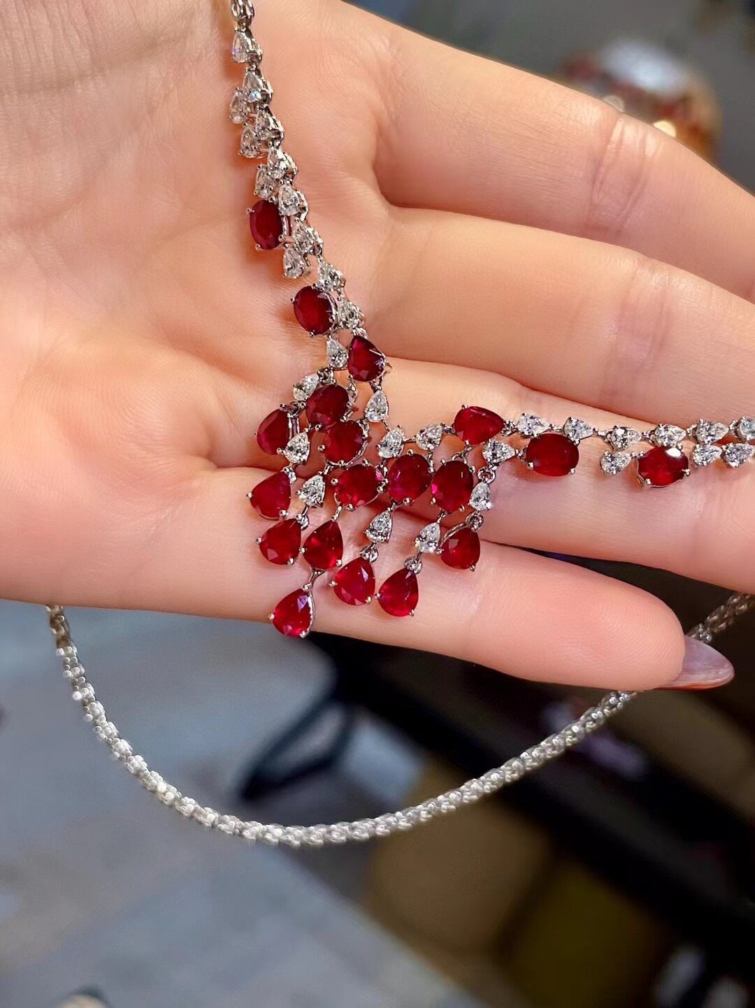 18K Gold Ruby and Diamond V-Shaped Necklace, 6.72ct Ruby, 2.25ct Diamond
