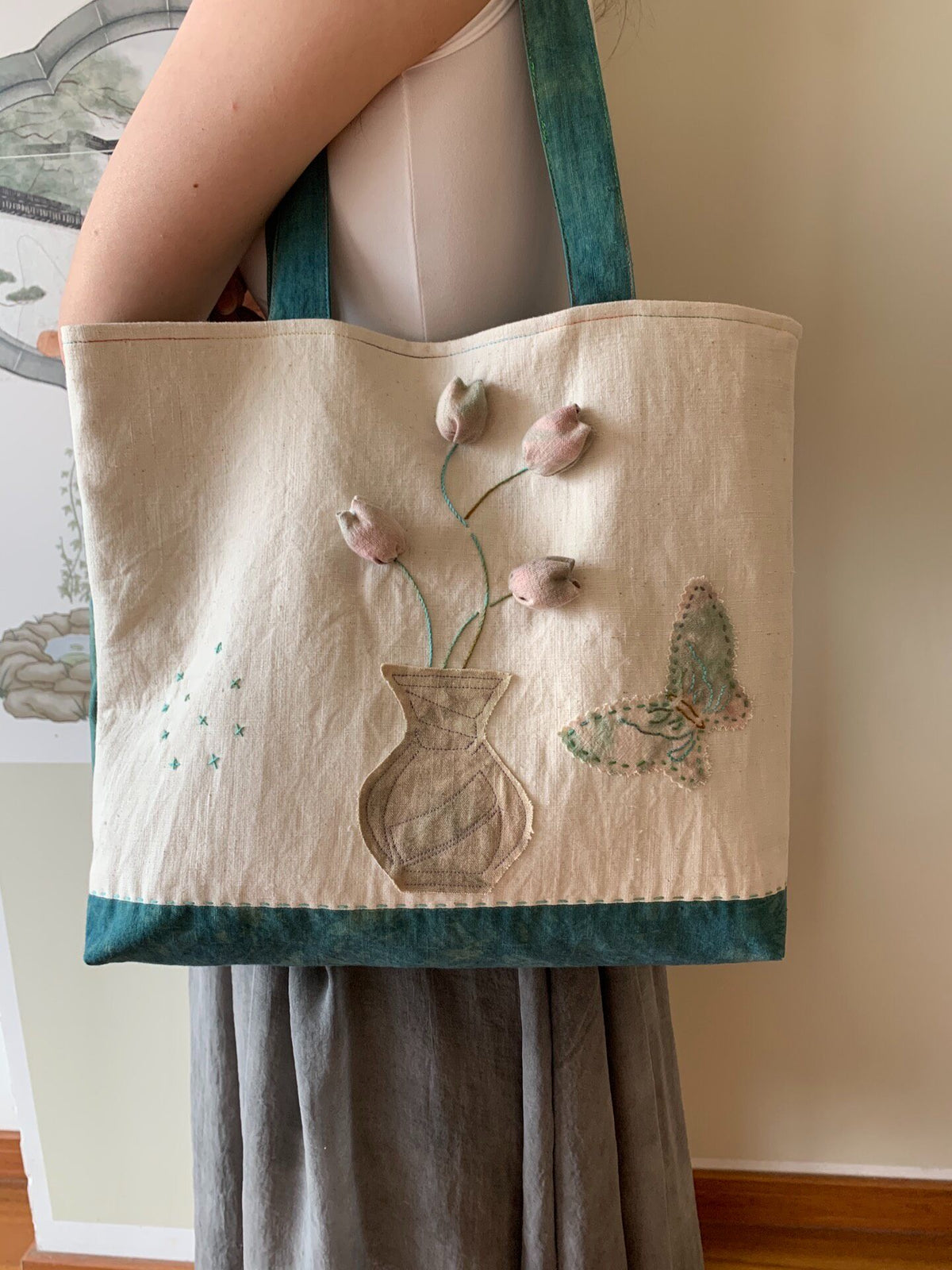 Handwoven Tote Bag with Floral Embroidery