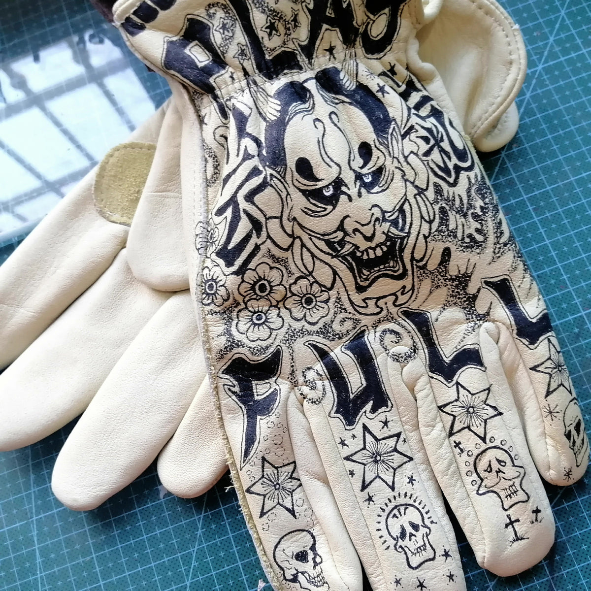 Japanese Hannya Leather Motorcycle Gloves