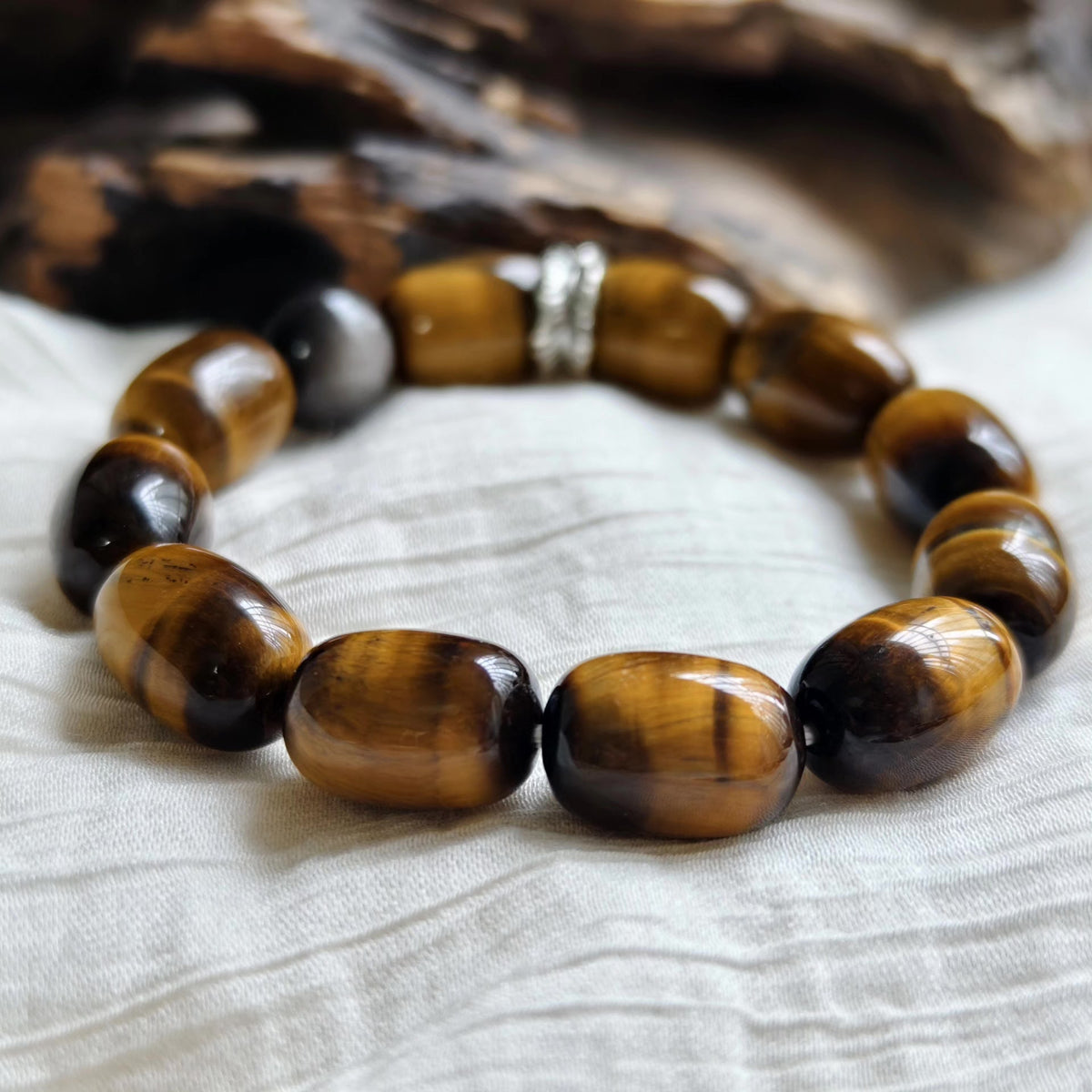 Yellow Tiger's Eye Silver Obsidian Beaded Bracelet