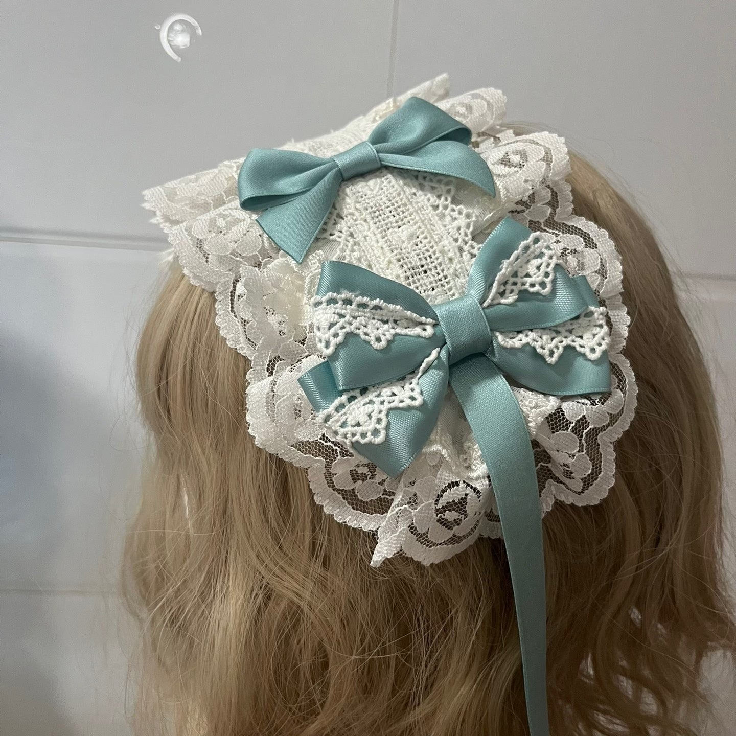 Handmade Lolita Lace Hairband with Bean Green Satin Bows