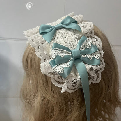 Handmade Lolita Lace Hairband with Bean Green Satin Bows