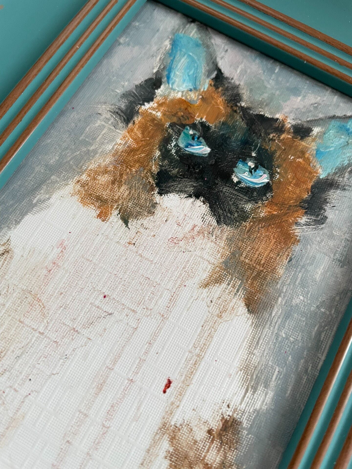 Hand-Painted Oil Painting of a Ragdoll Cat in Distressed Turquoise Frame, 15x20cm
