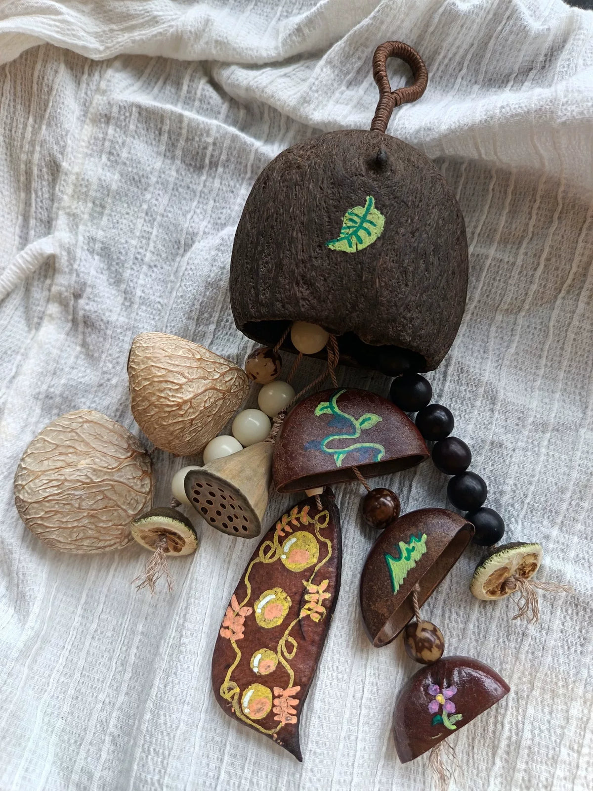 Handmade Coconut Shell Bag Charm with Beads