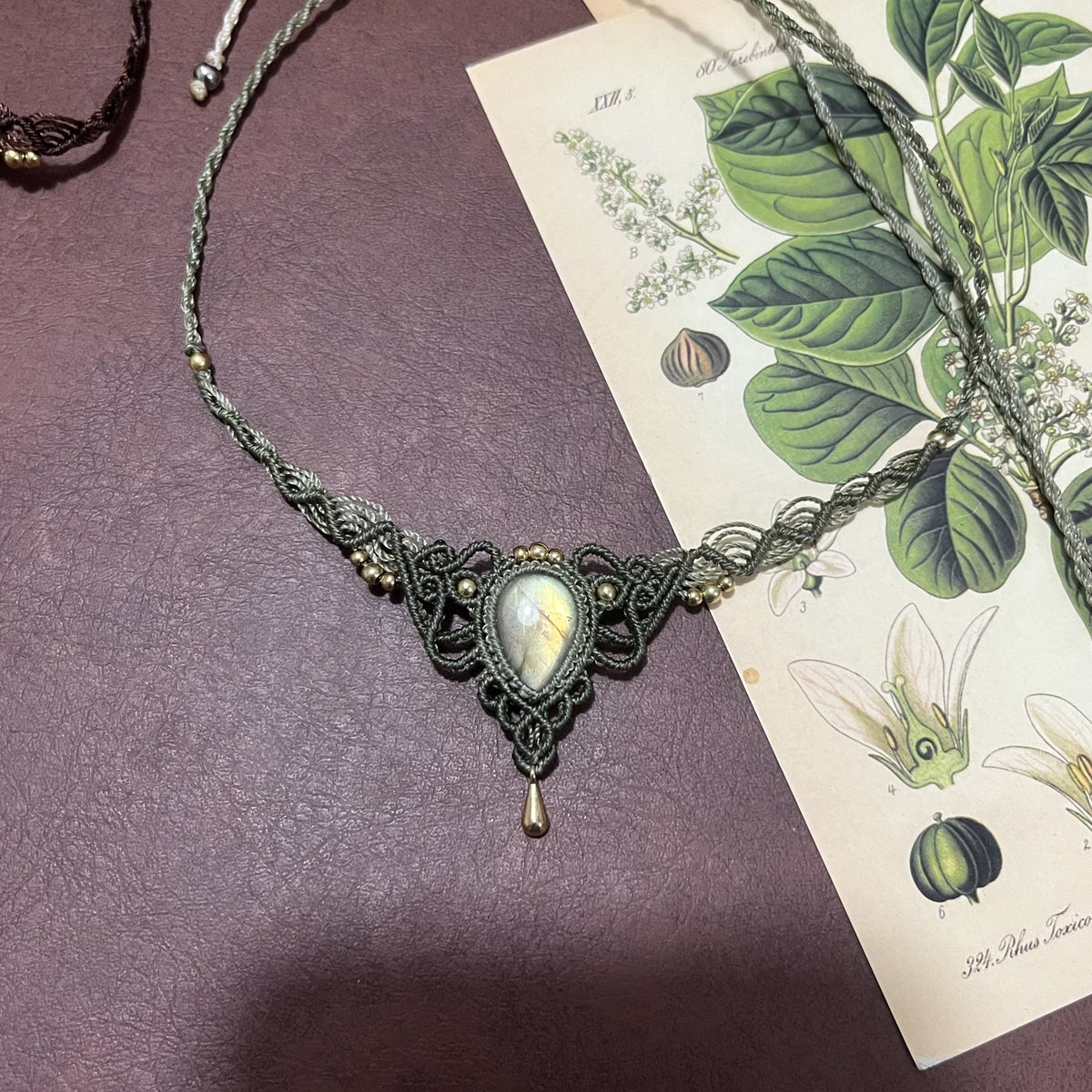 Macrame Waxed Cord Necklace with Labradorite