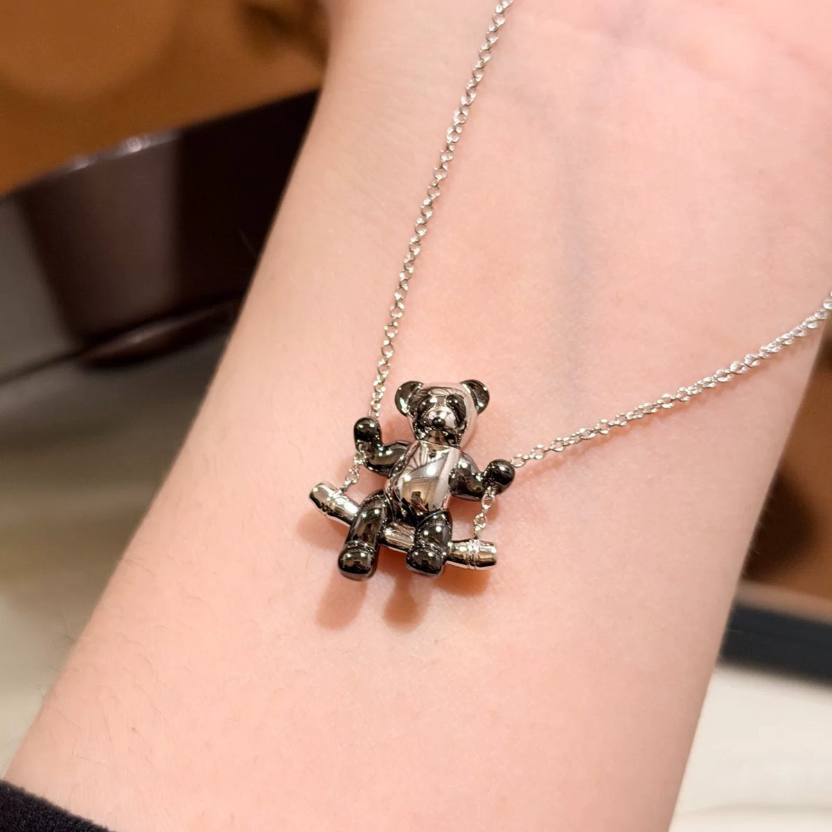 Sterling Silver Teddy Bear Swing Necklace