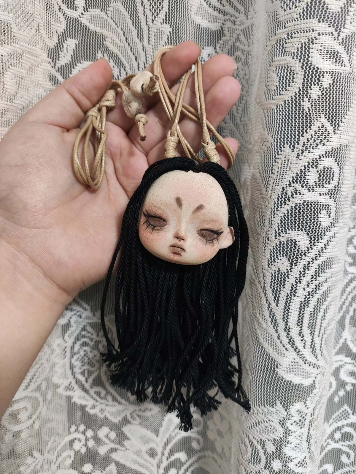 Handmade Doll Head Pendant Necklace Stone Clay