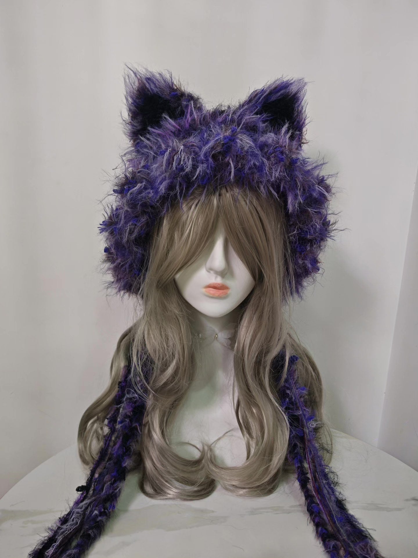 Enchanting Black-Purple Fox Hat with Lifelike Ears and Dangling Strands
