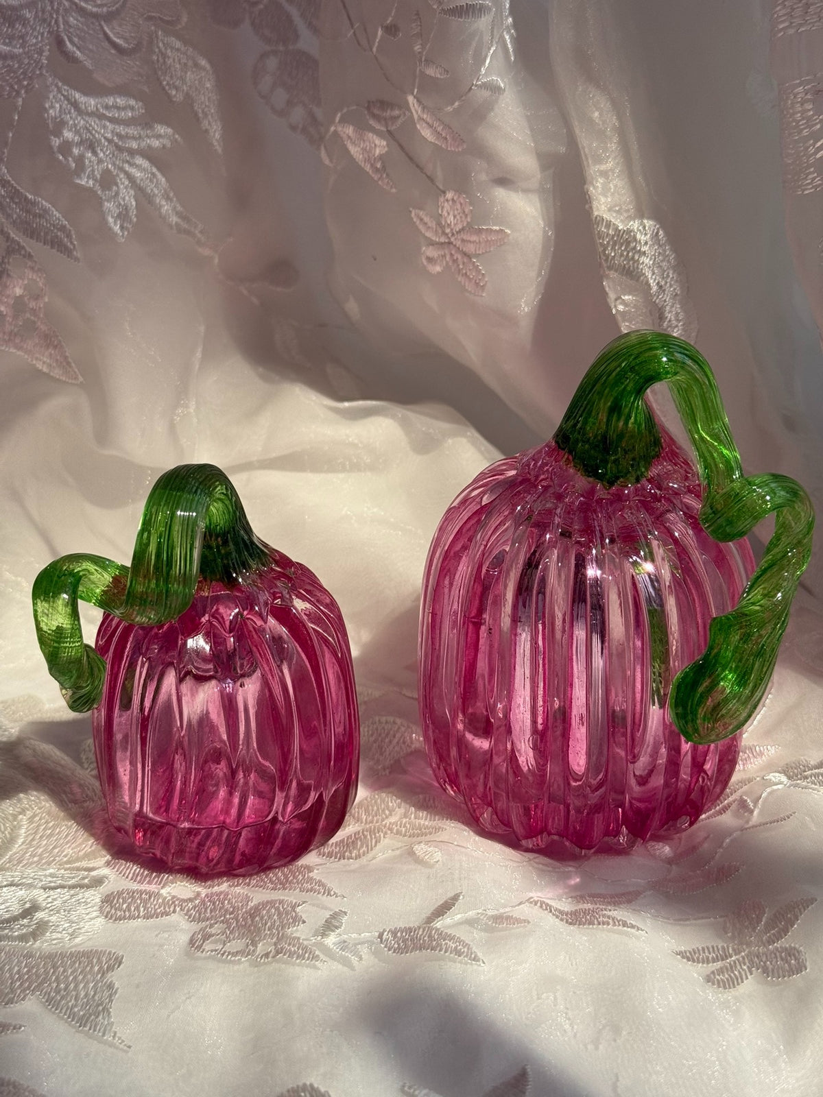 Pink Glass Pumpkin Figurines with Green Stems
