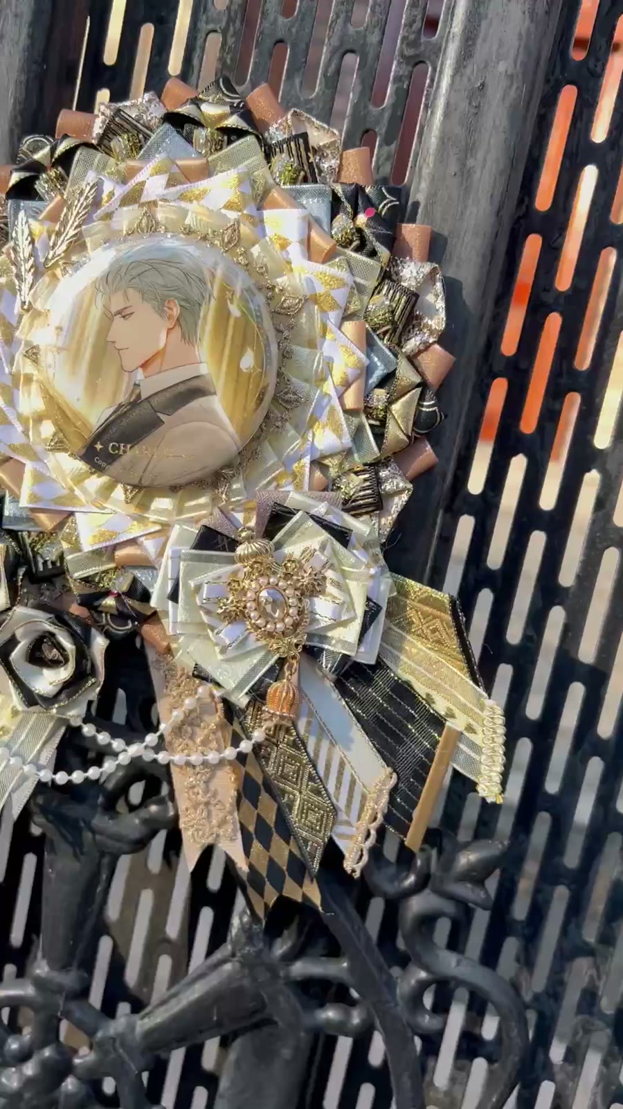 Black Gold Asymmetrical Badge Holder Pearl Chain