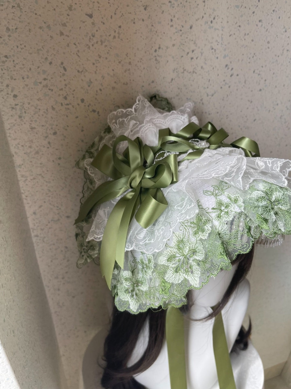 Lolita Green Lace Flat Bonnet Handmade