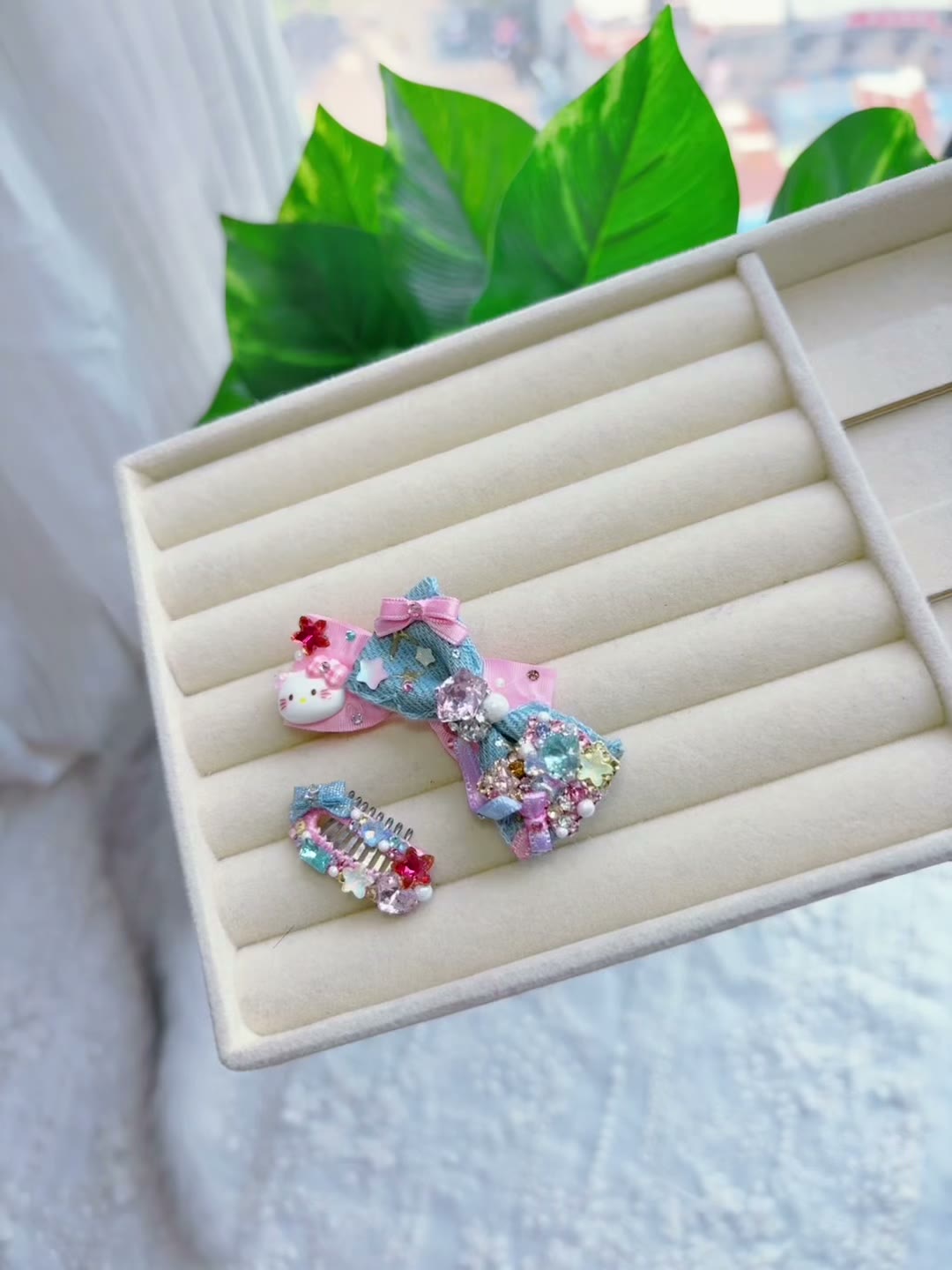 Denim Pet Hair Clips Rhinestone Set