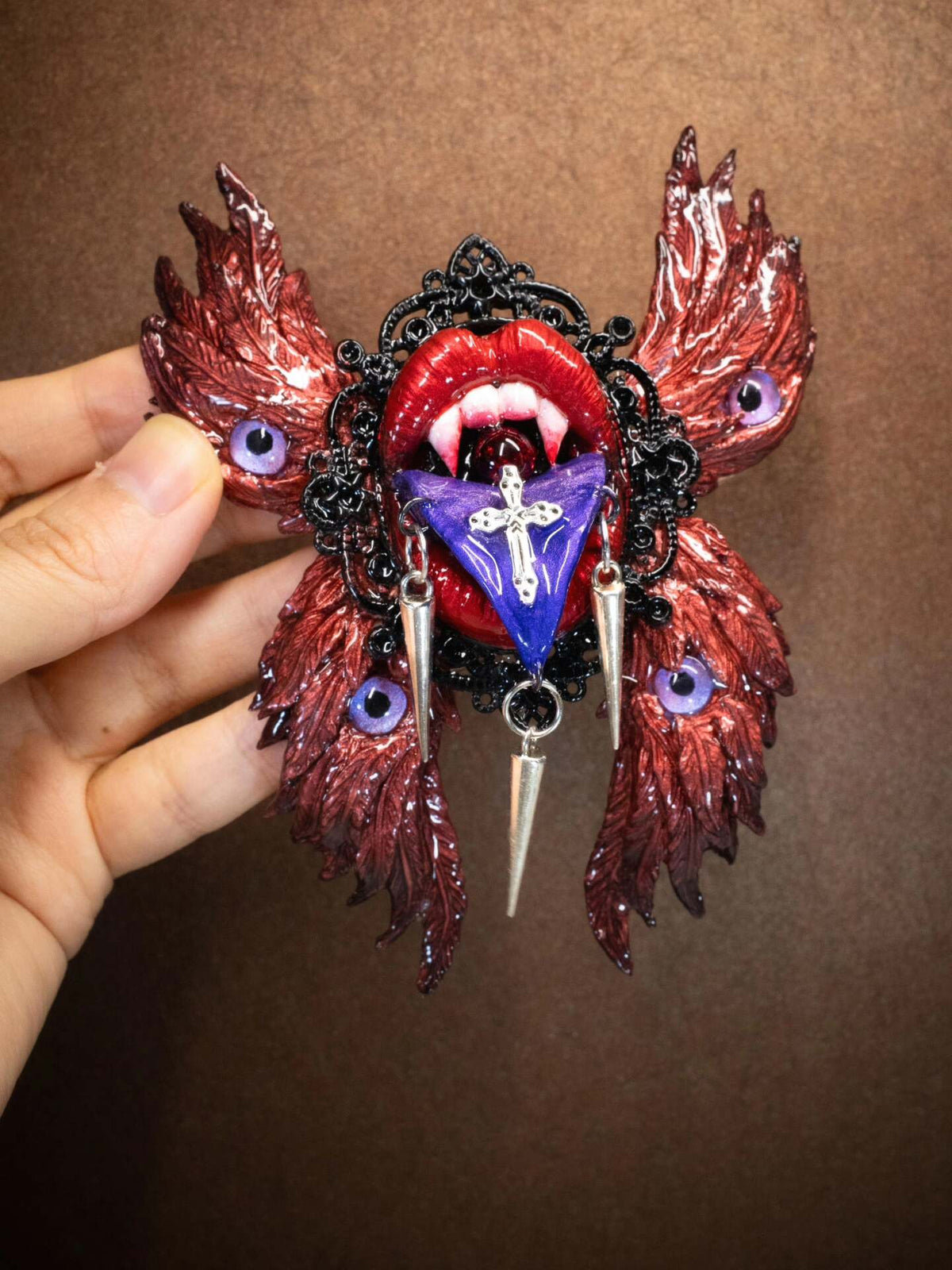Cthulhu Lips Tongue Cross Wing Pendant Necklace