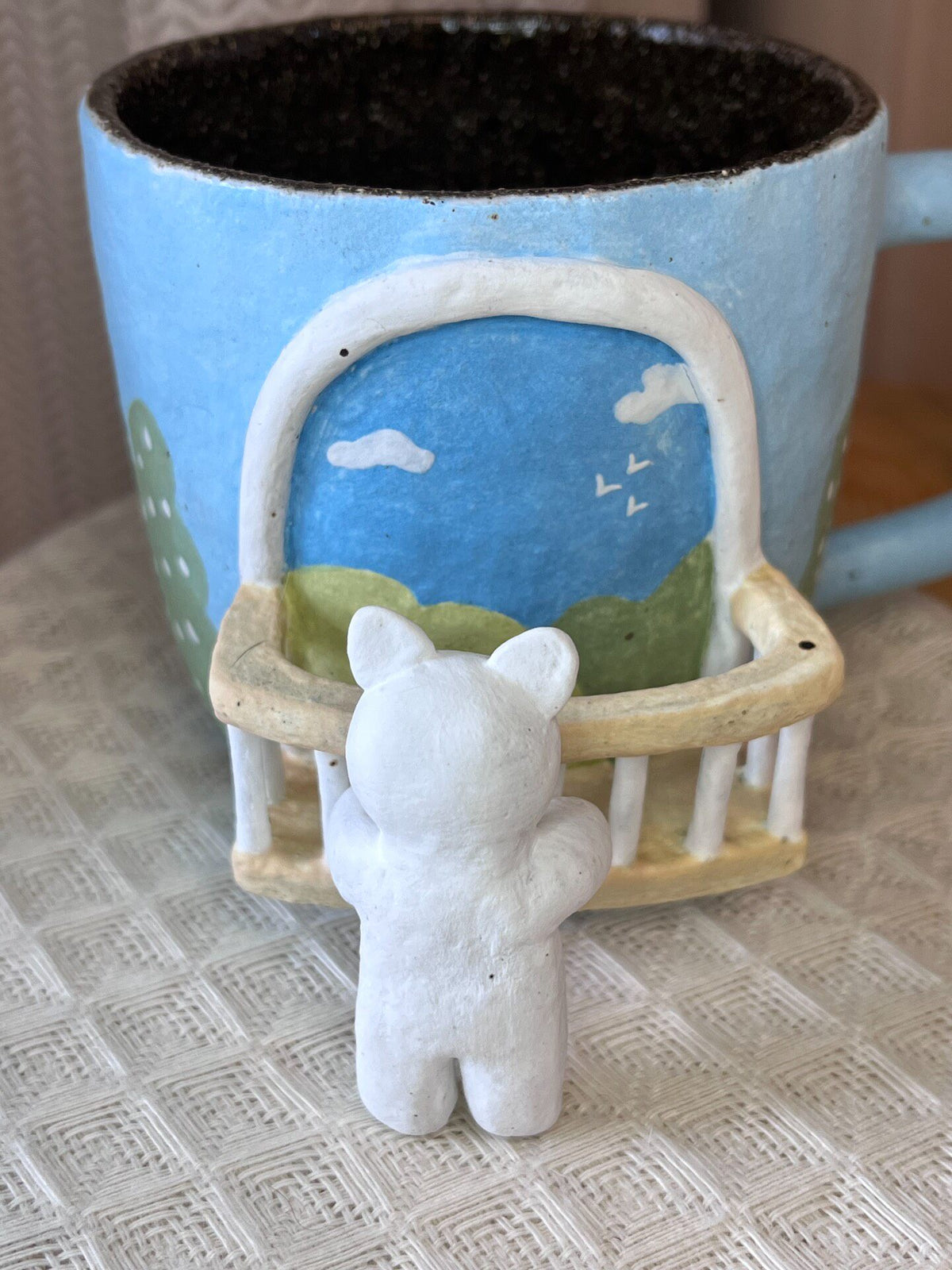 Handmade Ceramic Cat Mug with Balcony Figurine