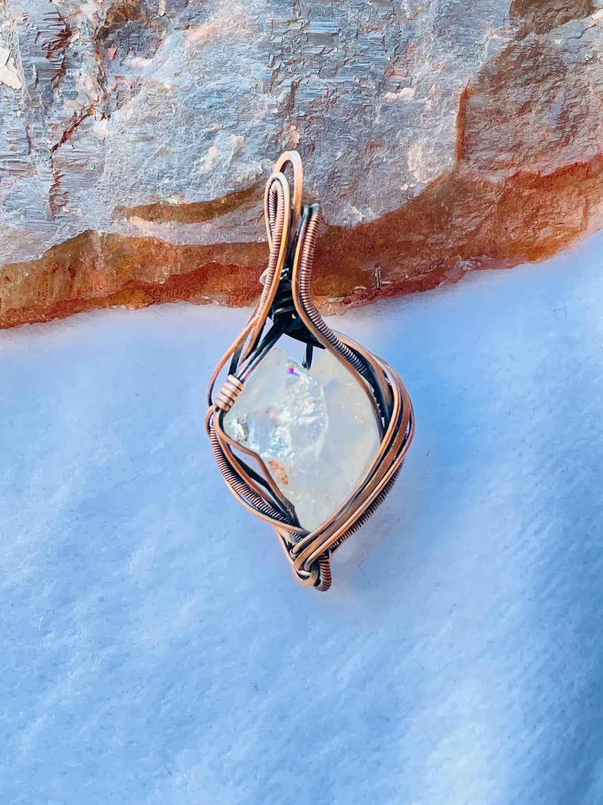 Double Terminated Raw White Quartz Copper Pendant