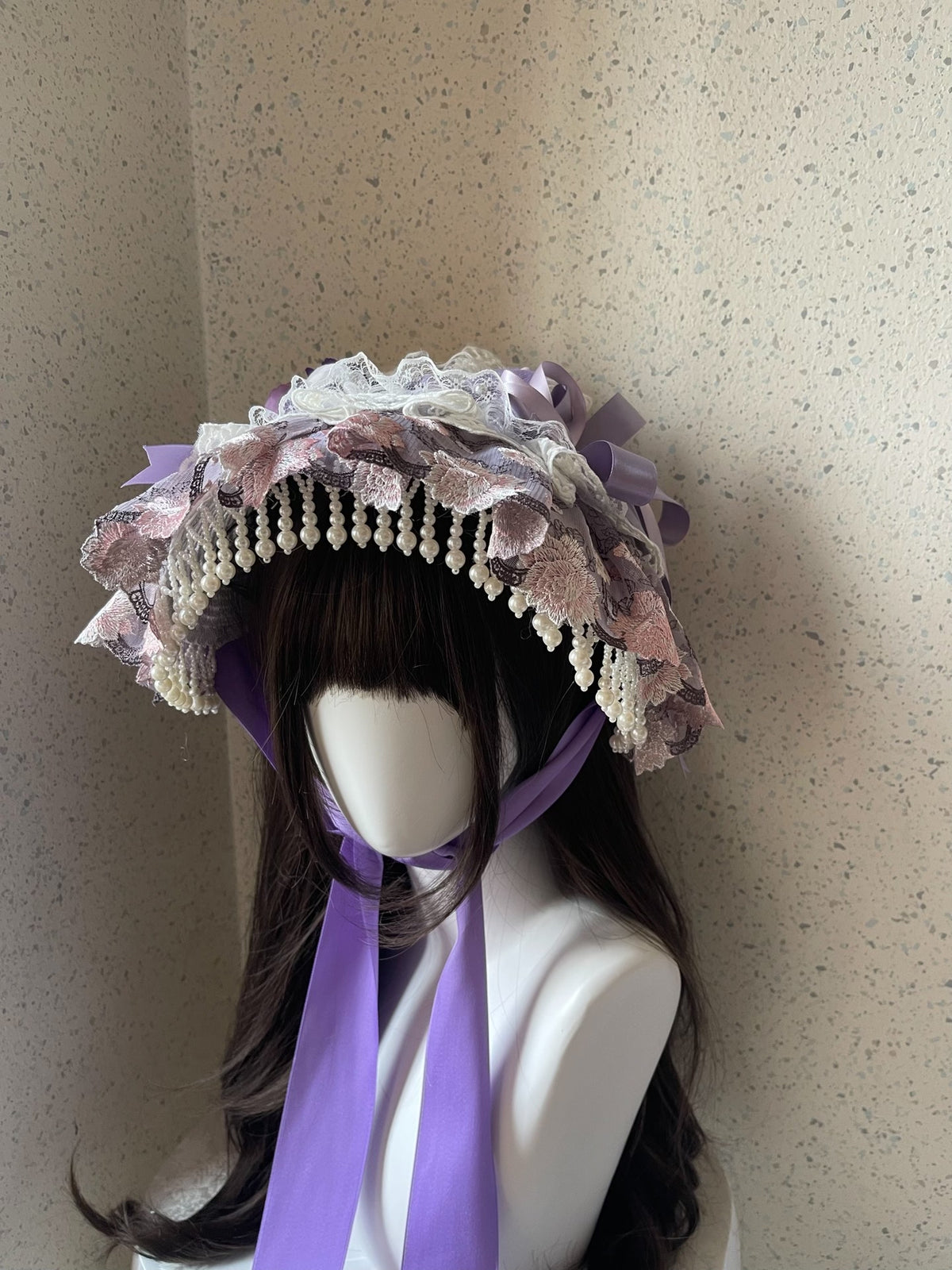 Lolita Lace Bonnet with Pearl Trim