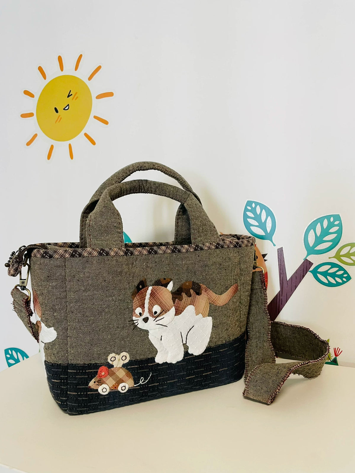 Handmade Patchwork Cat Mouse Tote Bag