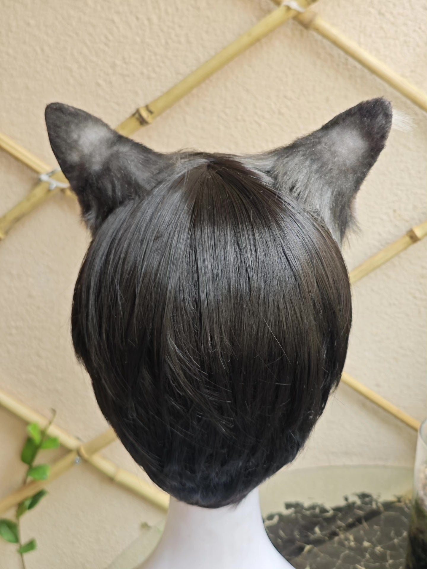 Handcrafted Tabby Cat Ears on Black Bob Wig - Realistic Style