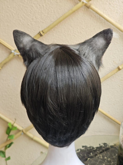 Handcrafted Tabby Cat Ears on Black Bob Wig - Realistic Style