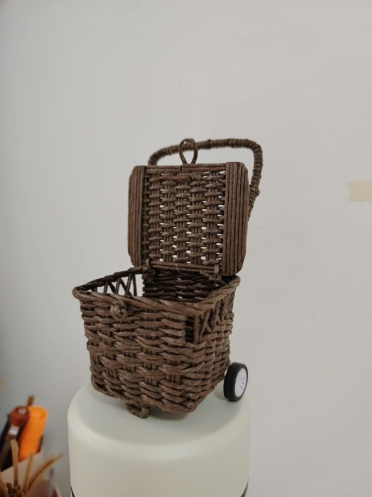Miniature Paper Rattan Pull Cart Basket