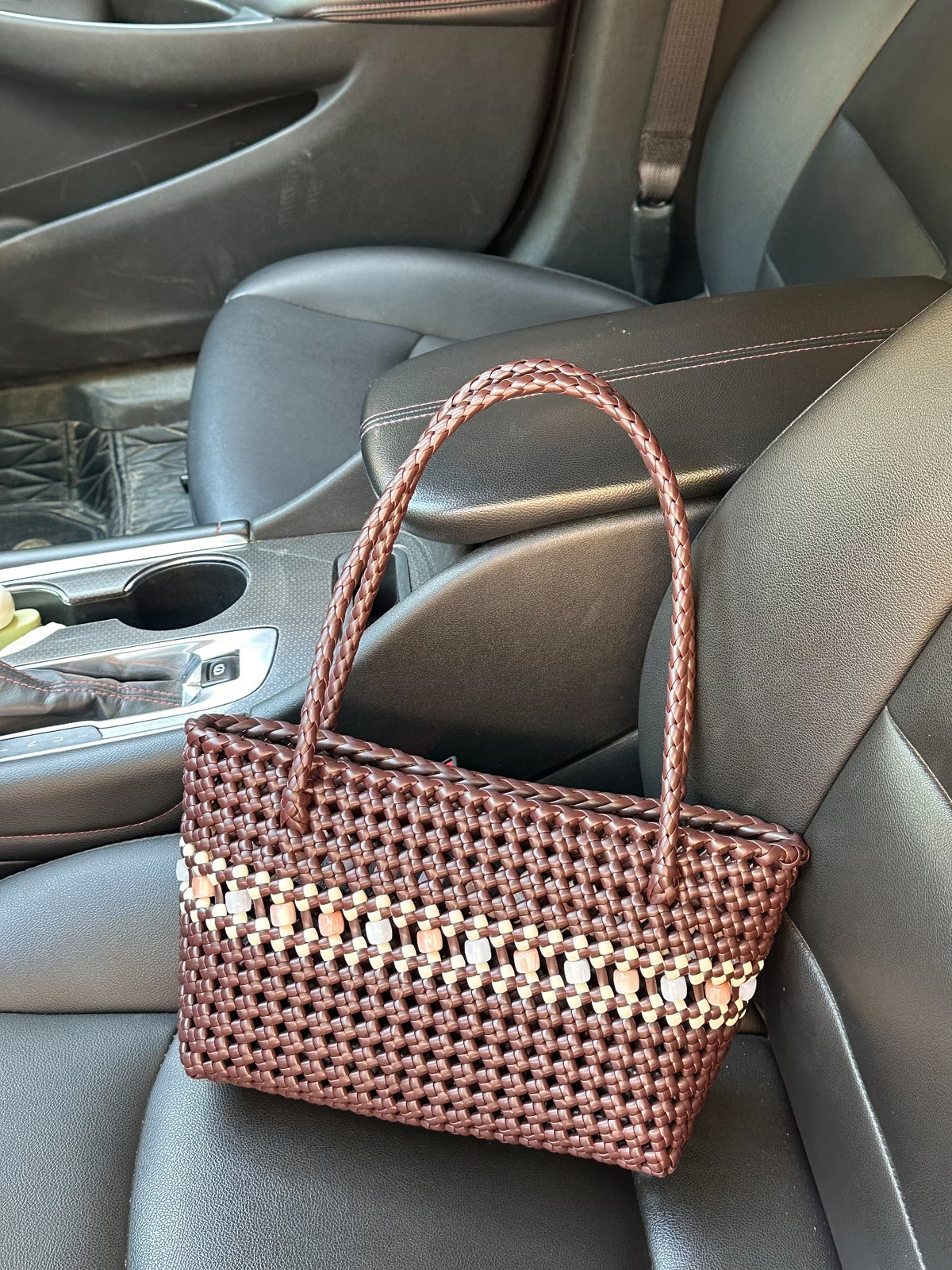 Saco Tote de Rattan Tecido à Mão Castanho-Café