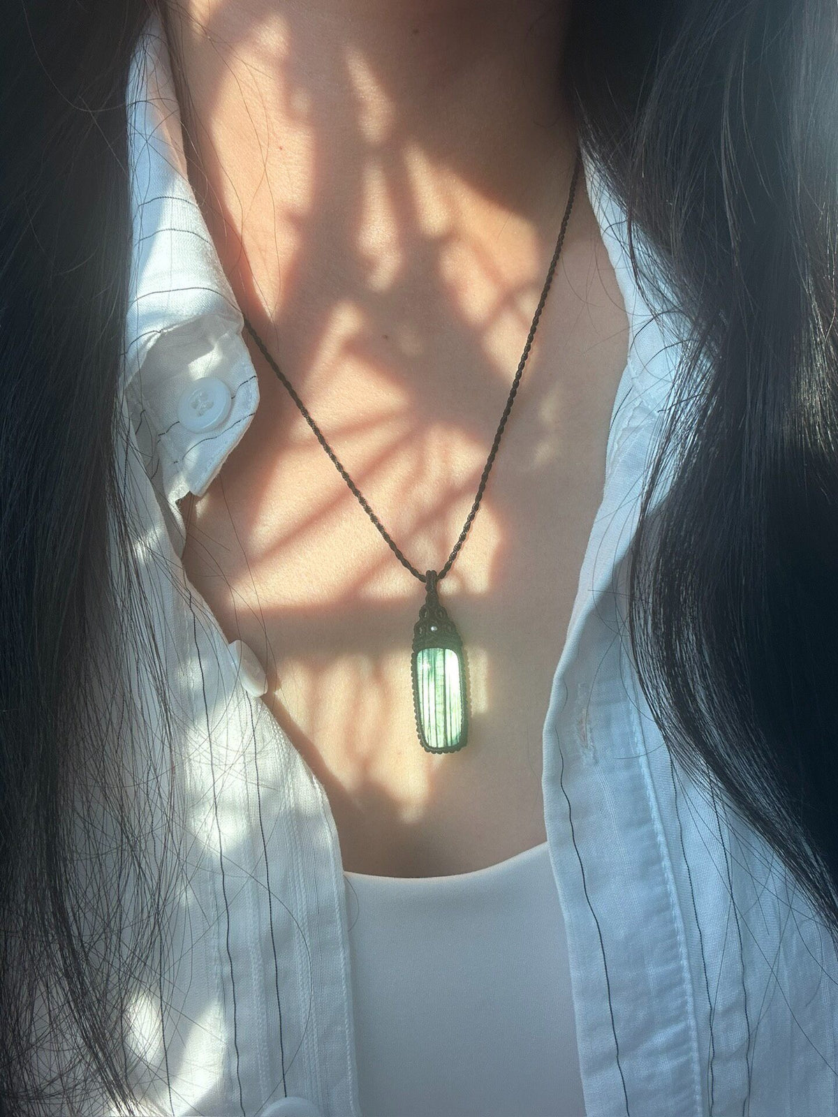 Handmade Labradorite Cord Necklace Mint Green Pendant