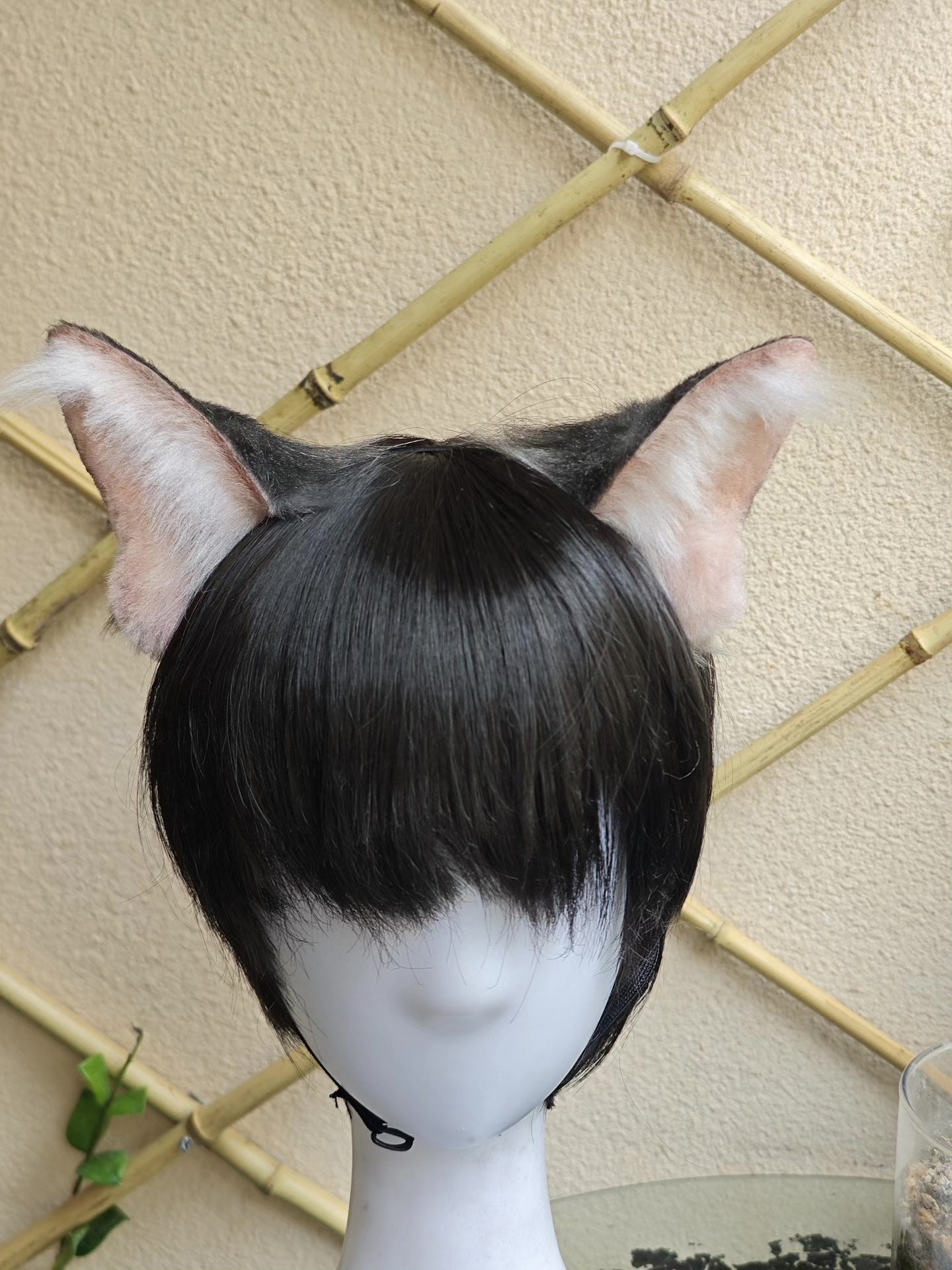Handcrafted Tabby Cat Ears on Black Bob Wig - Realistic Style